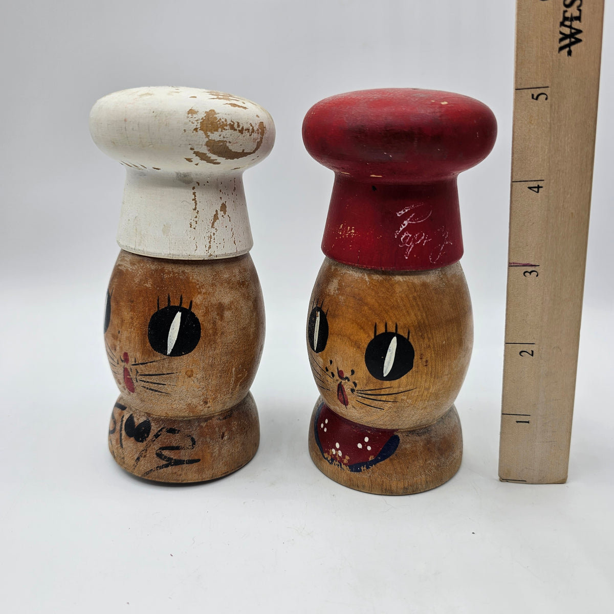 Vintage Salty and Peppy Wooden Cat Salt and Pepper Shakers
