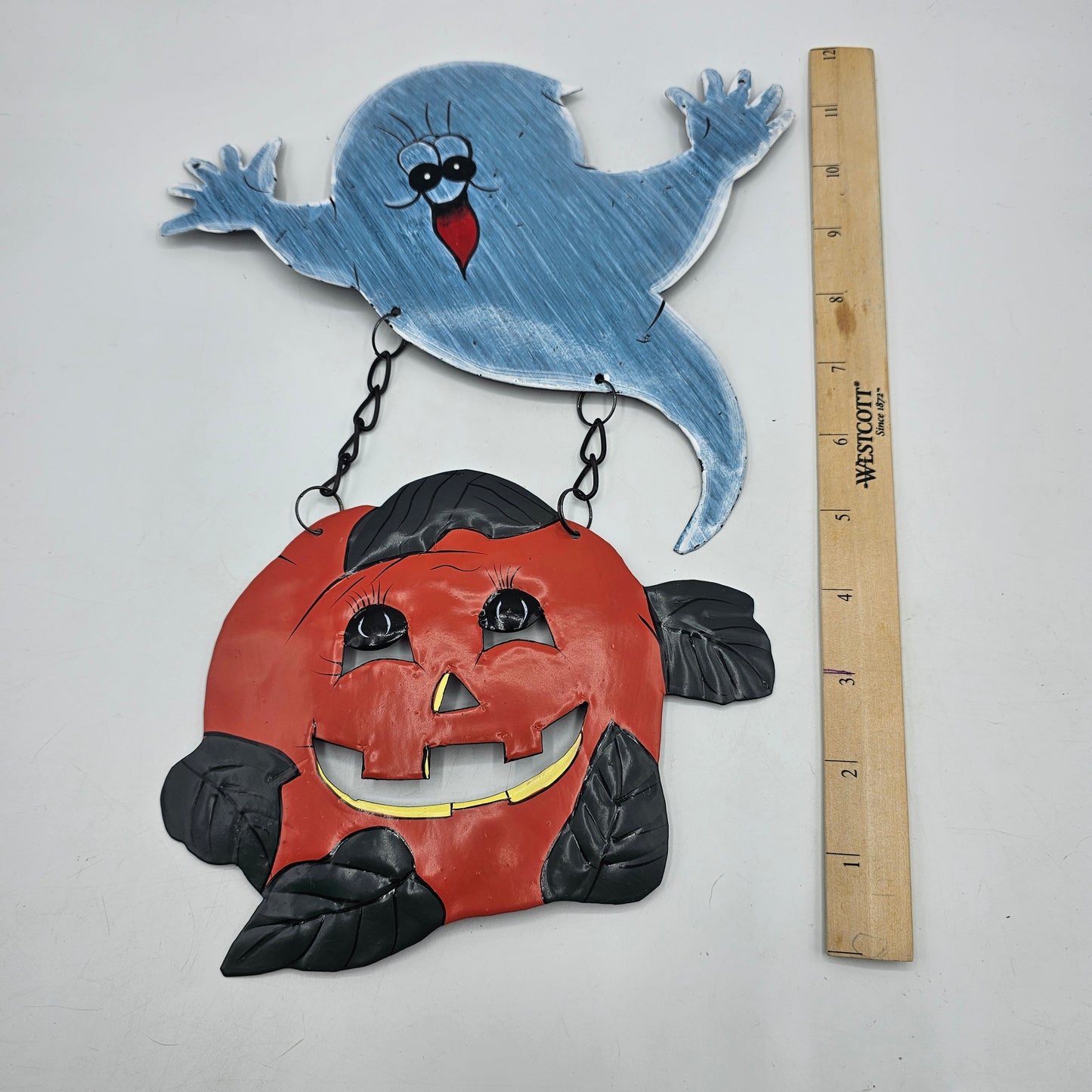 Vintage Halloween Ghost and Jack O Lantern Pumpkin Metal Wall Hanging Plaque
