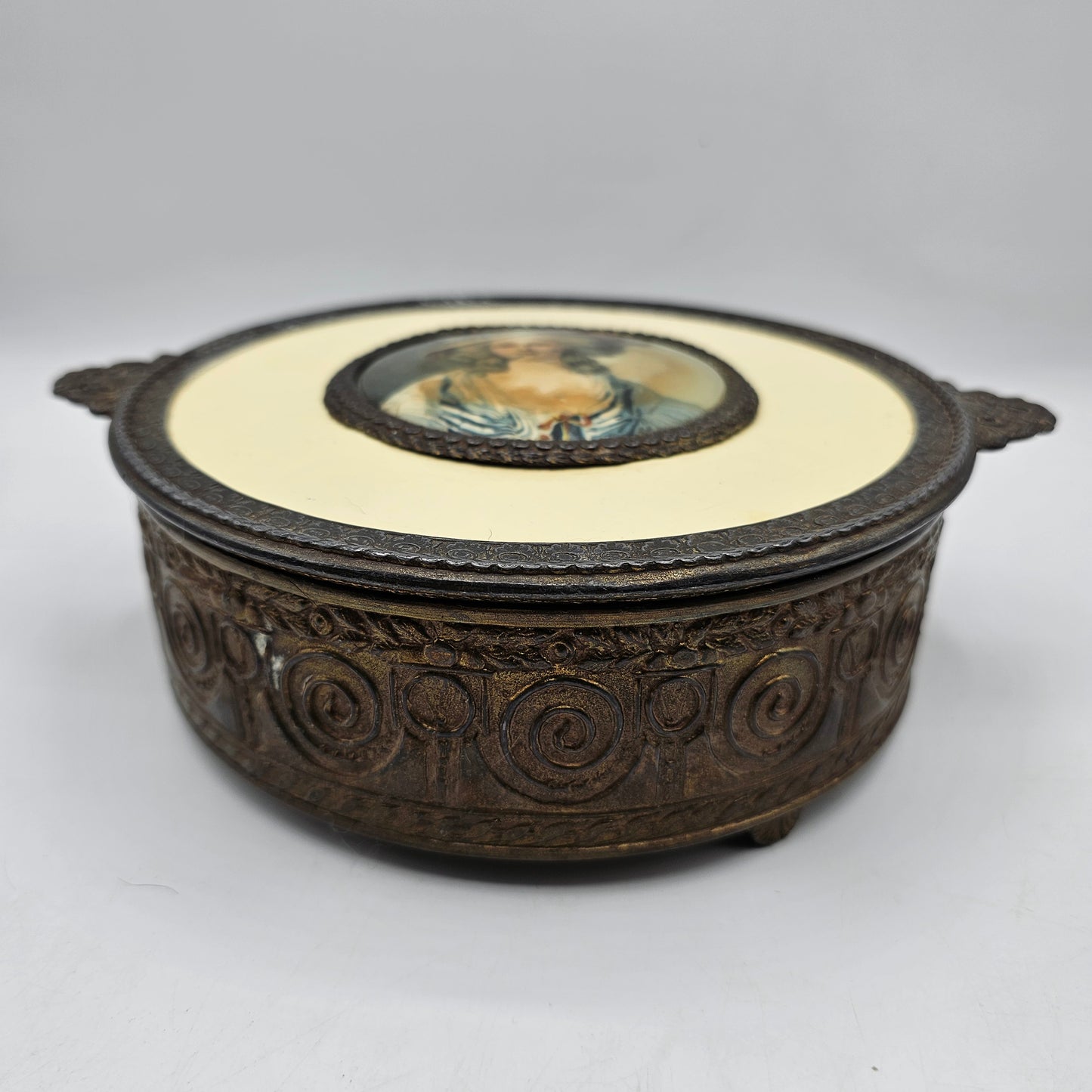 Antique Victorian Vanity Dresser Lidded Footed Metal Box with Celluloid Top and Divided Glass Insert - damage noted