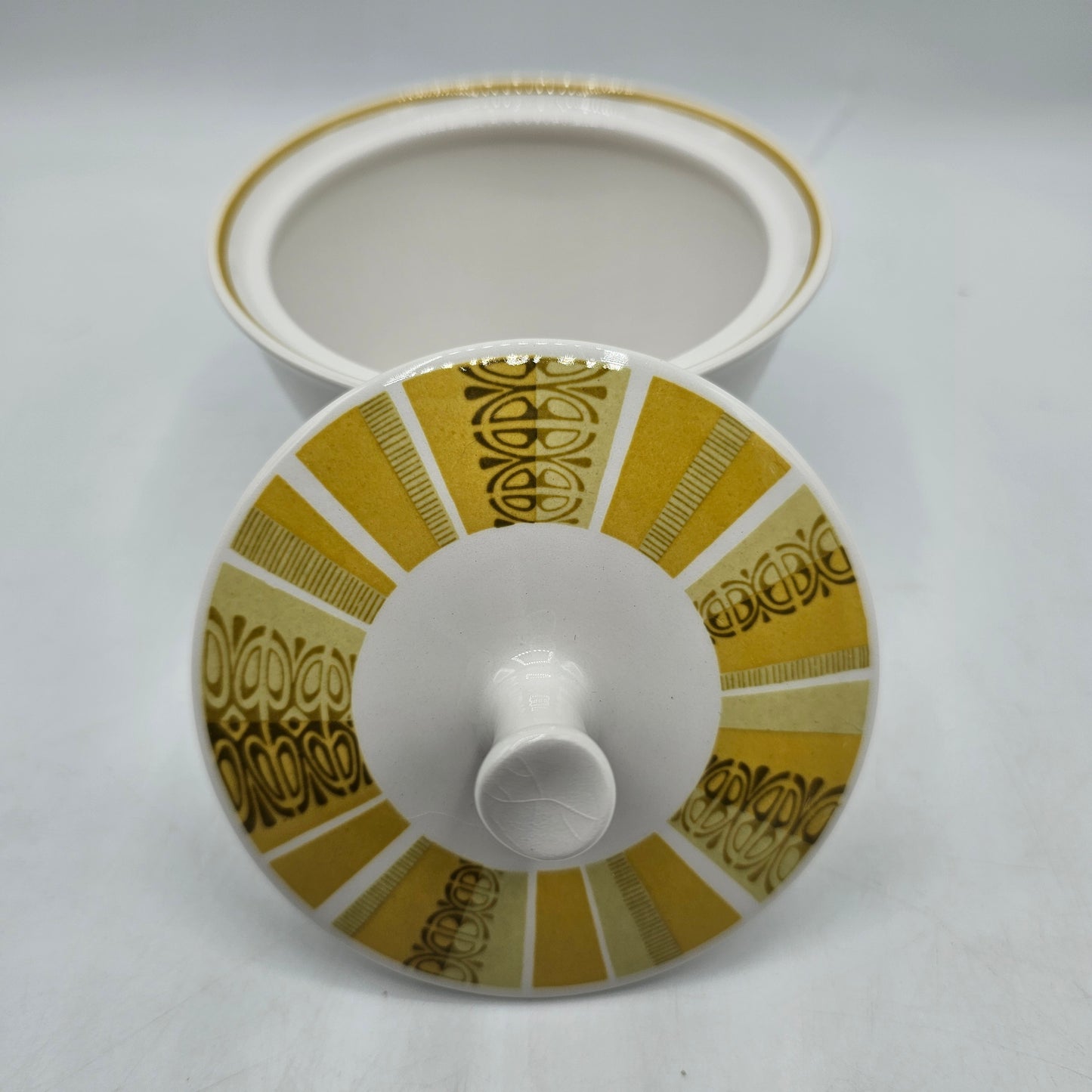 Franciscan Whitestone Ware Antigua Interface Lidded Sugar Bowl Mid Century Modern Mustard Yellow Brown Design
