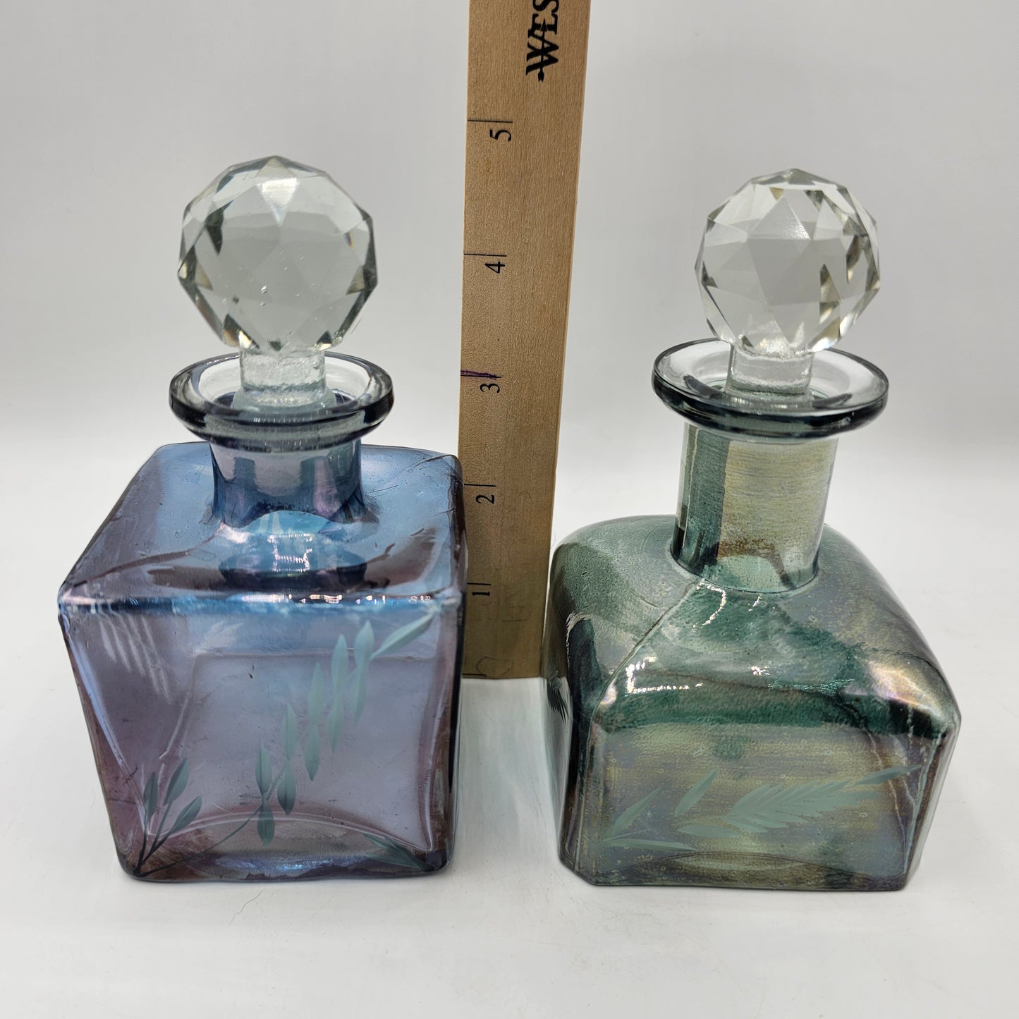 Etched Iridescent Glass Perfume Bottles with Ground Necks and Faceted Stoppers