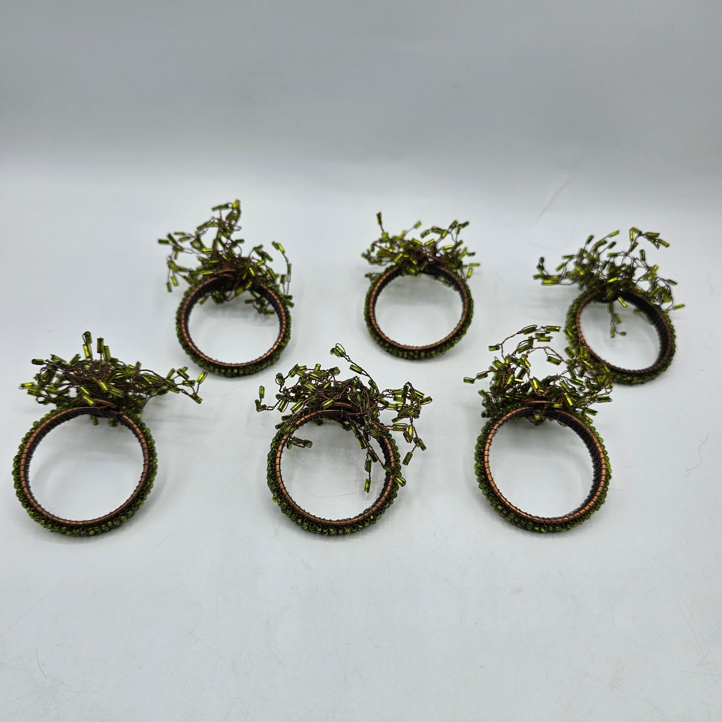 Green Beaded Spray with Copper Napkin Rings - Set of 6