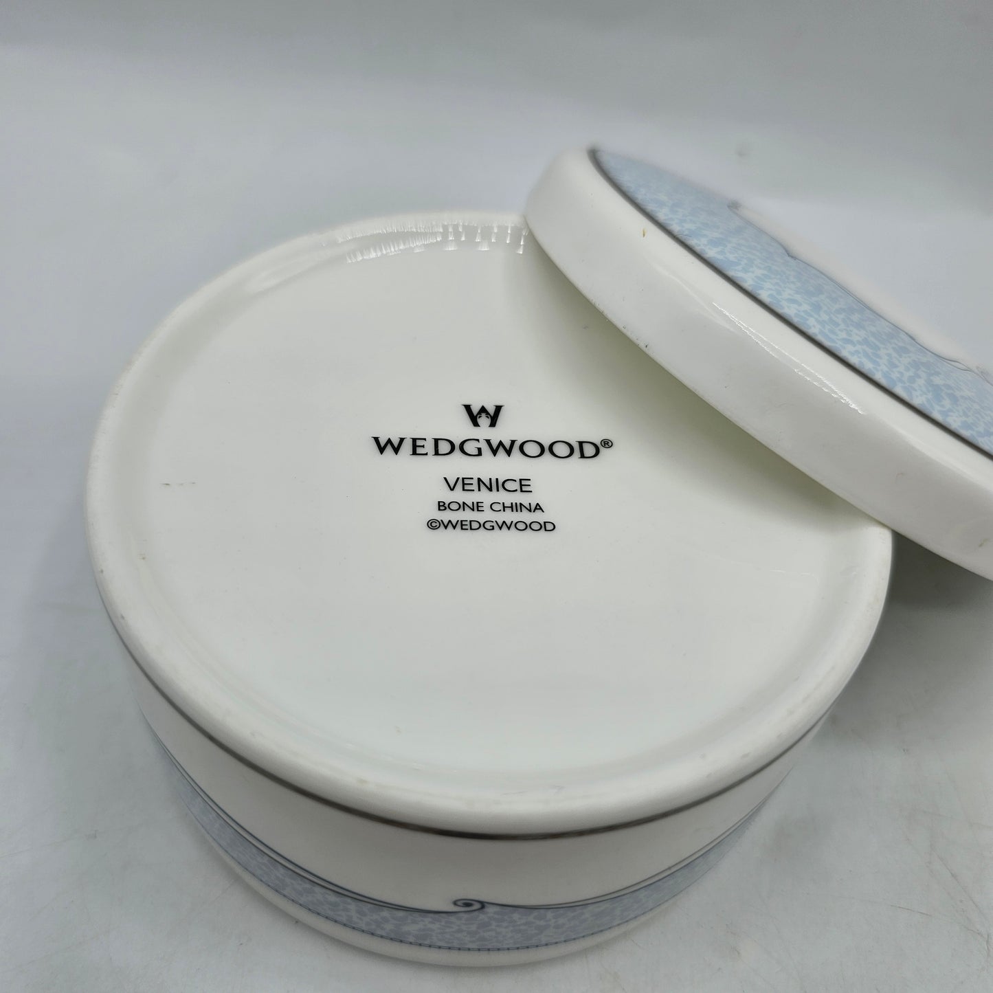 Wedgewood Venice Bone China Round Trinket Box in Pale Blue with Silver Scrolls