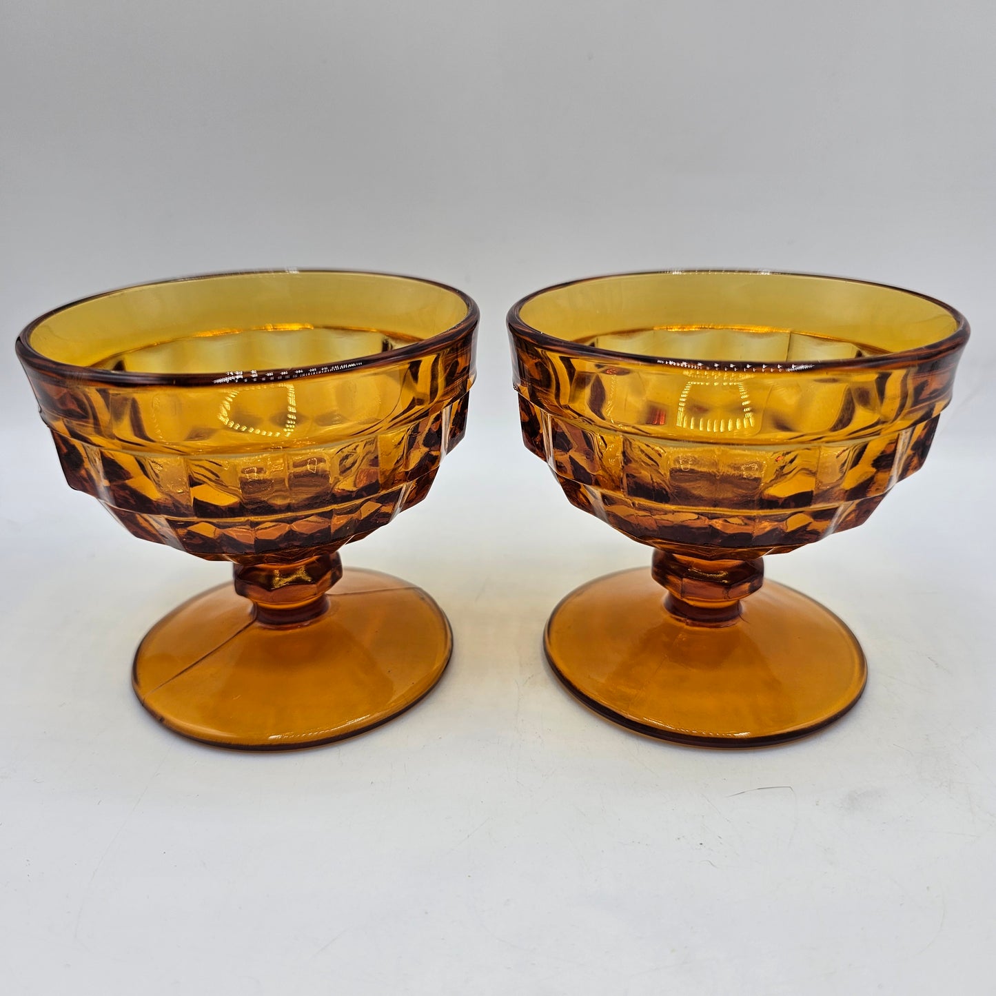 Indiana Whitehall Amber Glass Footed Sherbert /Fruit Cups (Stacked Diamond Colony Cubist Pattern)