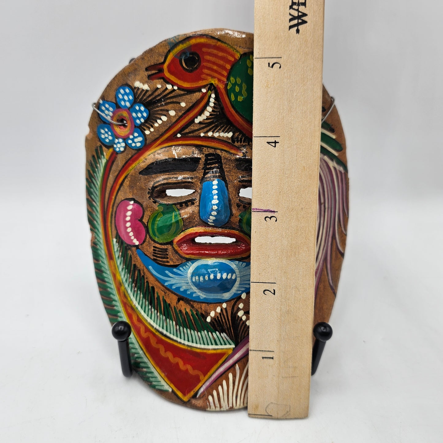 Talavera Hand Painted Mexican Pottery Folk Art Mask with Bird and Wall Hanger (small chips)