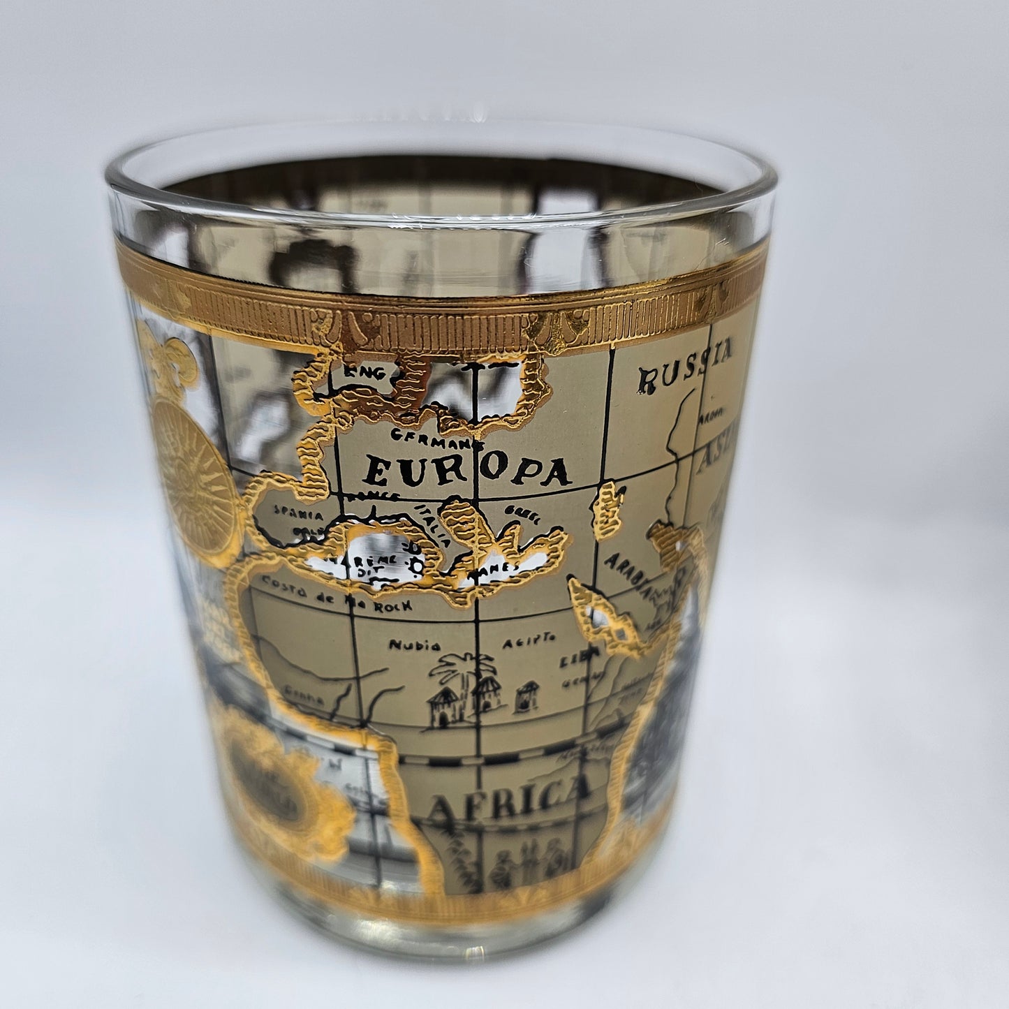 Vintage Cera Old World Globe Map Lowball Whiskey Glasses Tumblers with Applied Gold Design - Set of 4