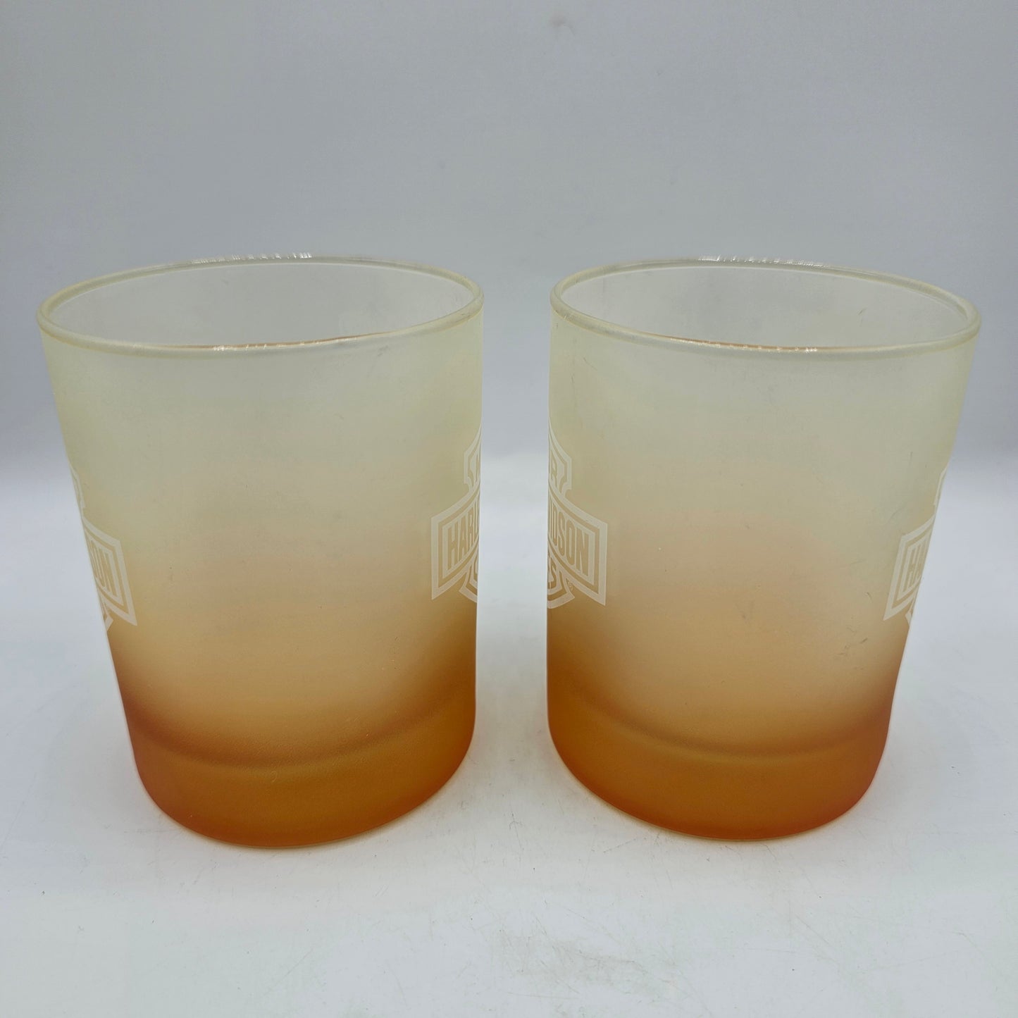 Harley Davidson 12oz Logo Glass Tumblers - Frosted Satin Fade to Orange - Set of 2