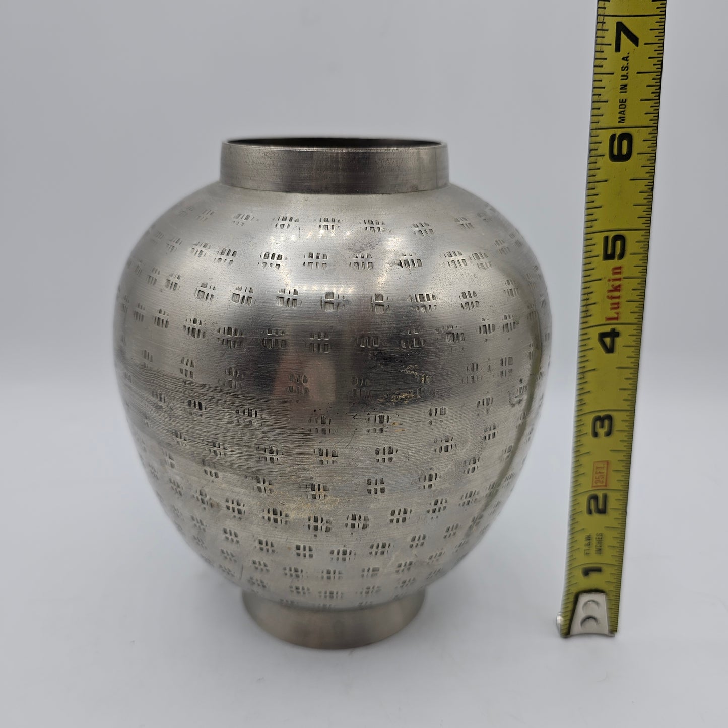 Vintage Silver Tone Metal Vase with Etched Design