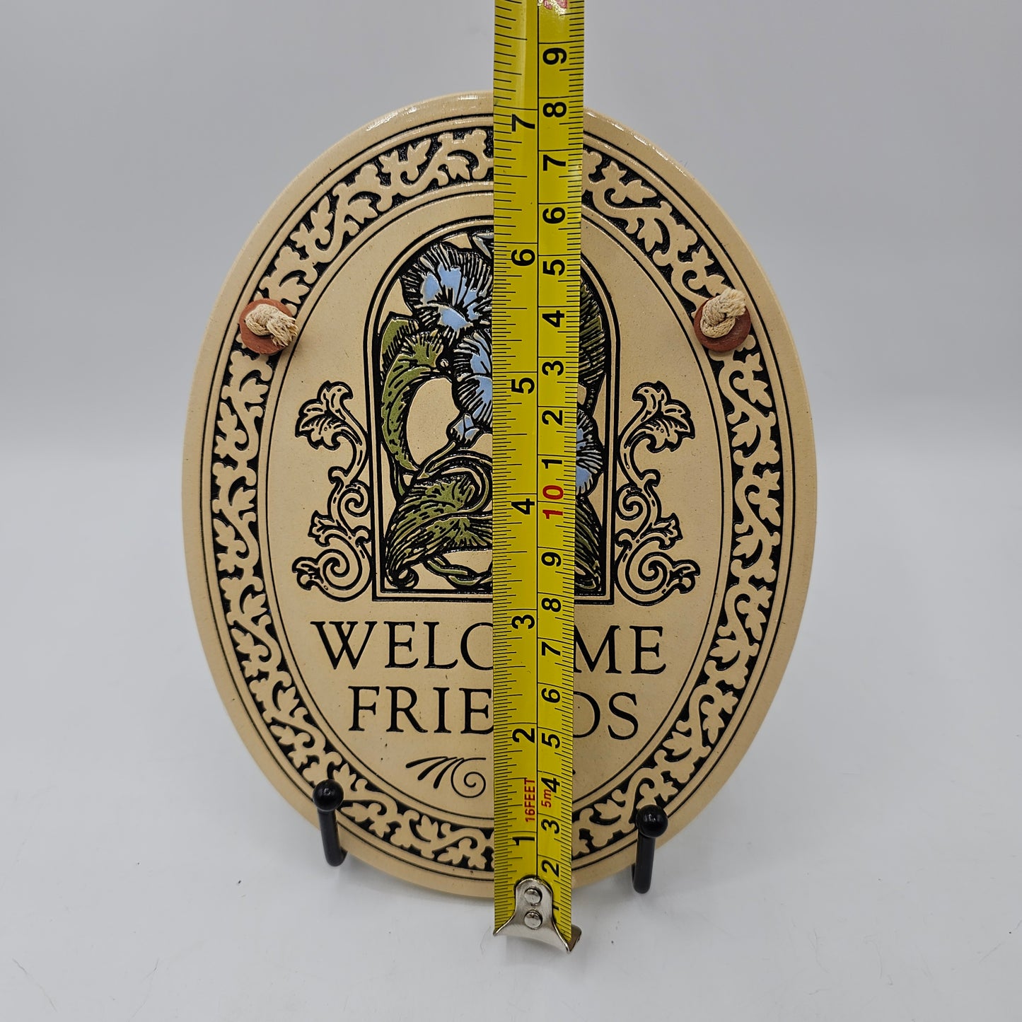 "Welcome Friends" Ceramic Sign with Flowers and String for Hanging