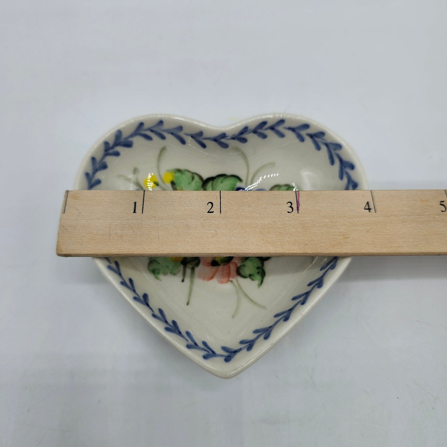 Small Porcelain Heart Shaped Ring or Trinket Dish with Hand Painted Flowers
