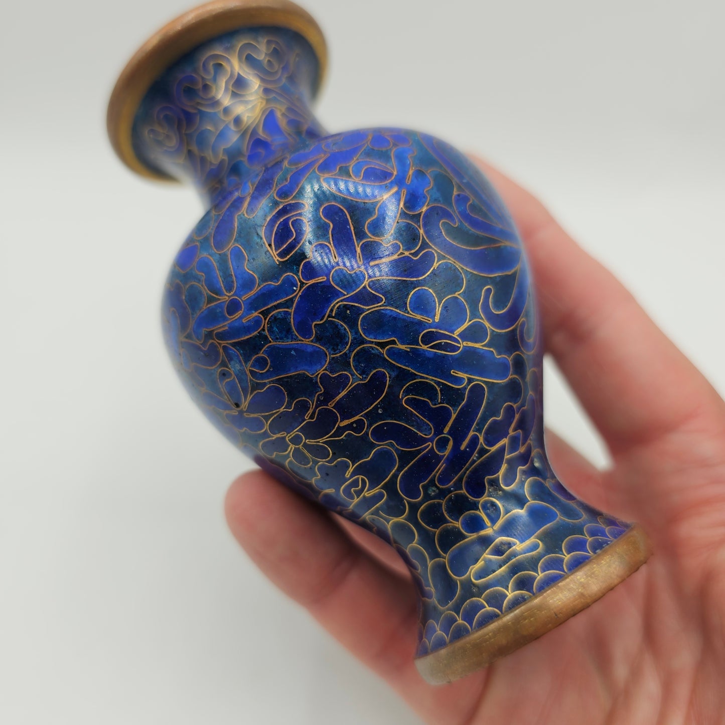 French Cloisonne Small Blue Vase with Gold Gilt - 4"