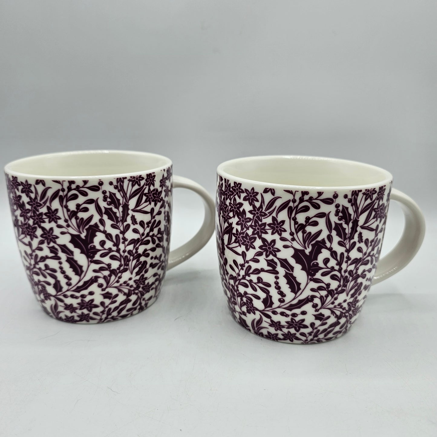 Starbucks Poinsettia Holly Berry and Mistletoe Christmas Tea Cup Style Mug White with Burgundy Floral Pattern - Set of 2