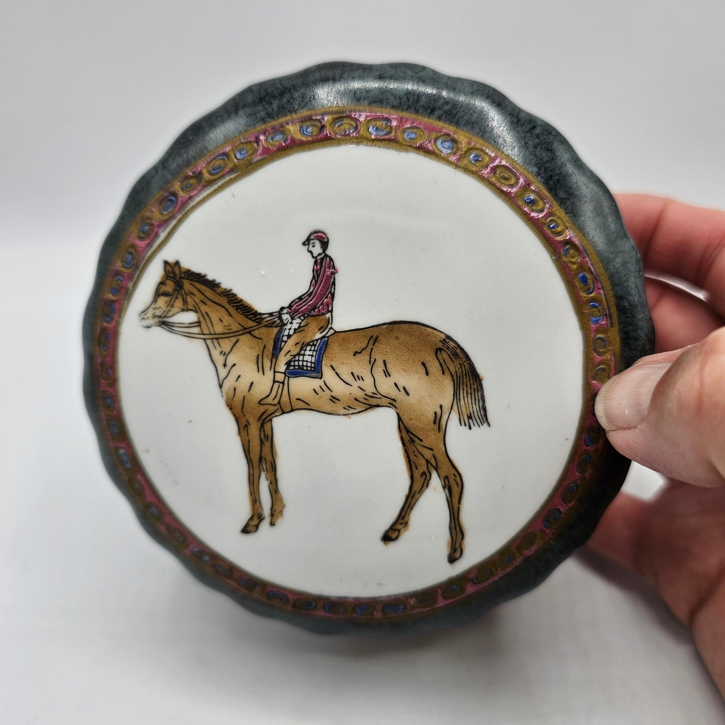 Vintage Hand Painted Lidded Ceramic Trinket Box with Horse