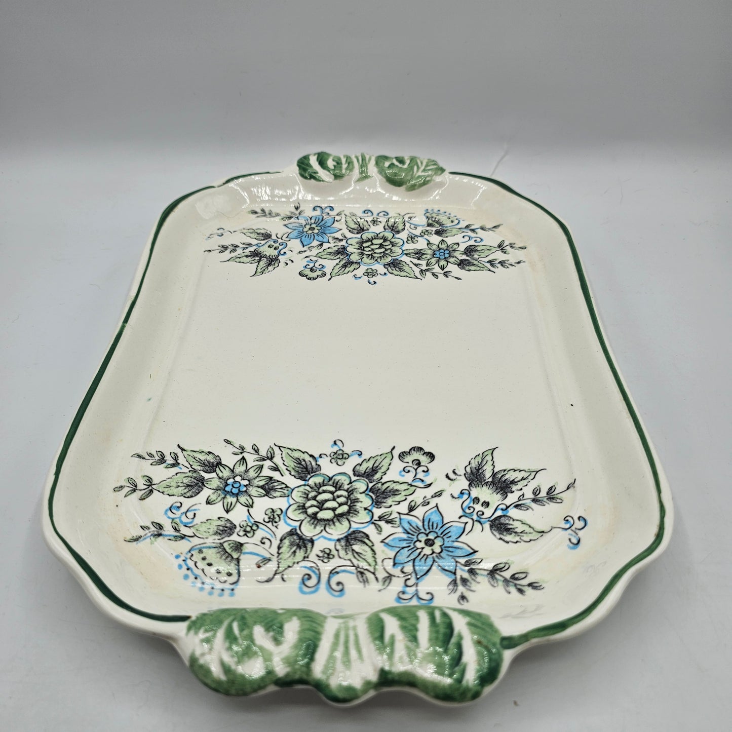 Vintage Green and Blue Floral Asparagus / Serving Dish - Japan