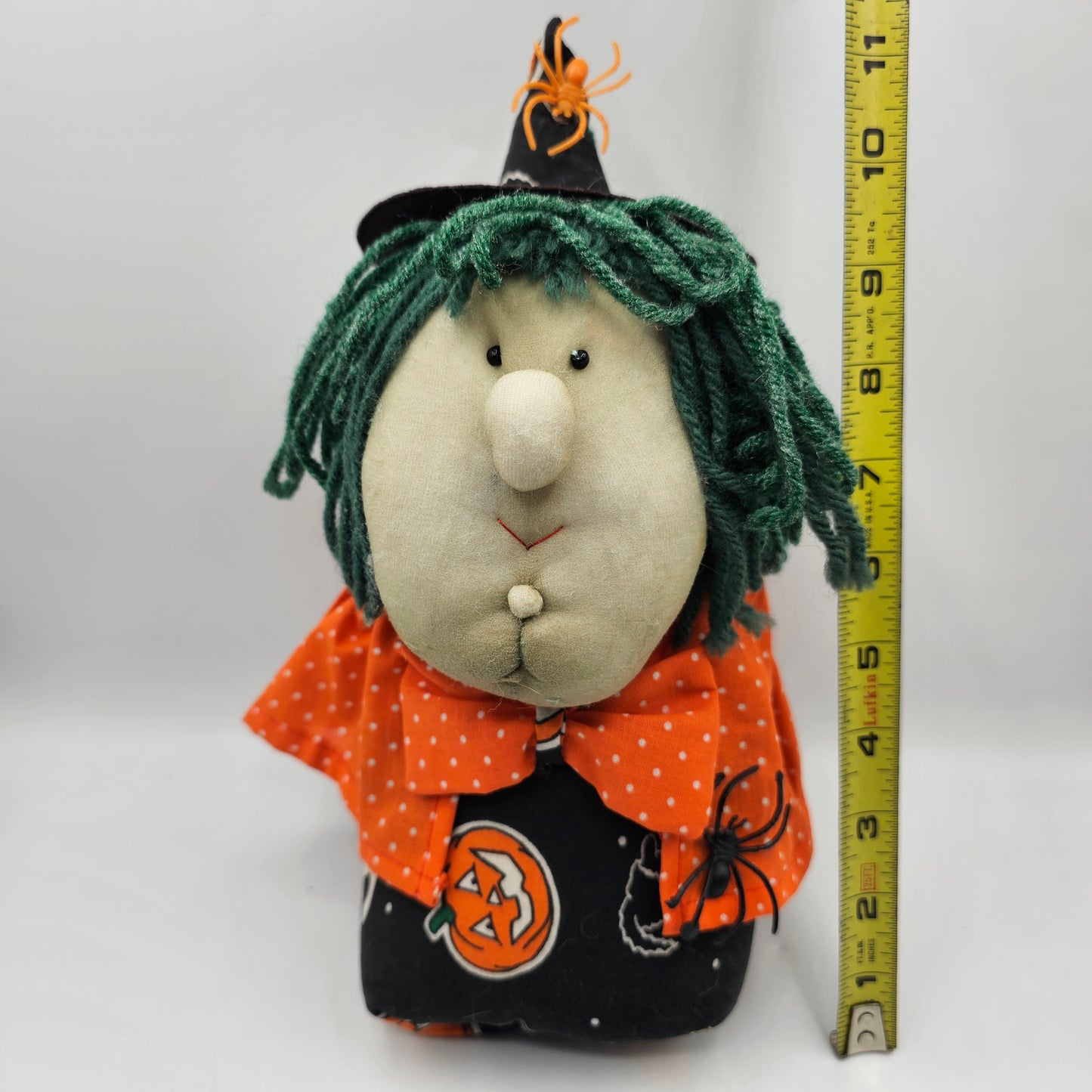 Handmade Plush Witch with Orange Cape and Green String Hair