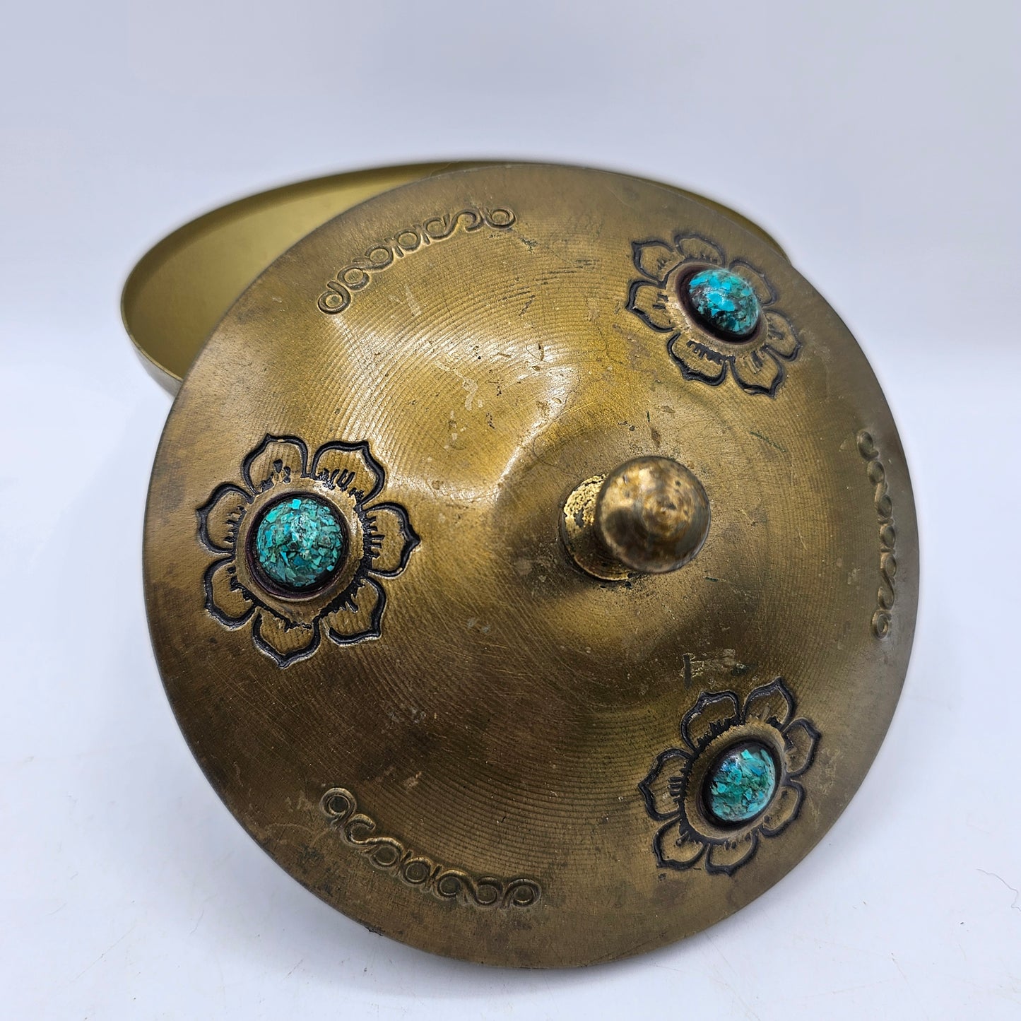 Vintage Israeli Hand Embossed and Debossed Brass Candy Dish with Turquoise Stone Inlay - Made in Israel