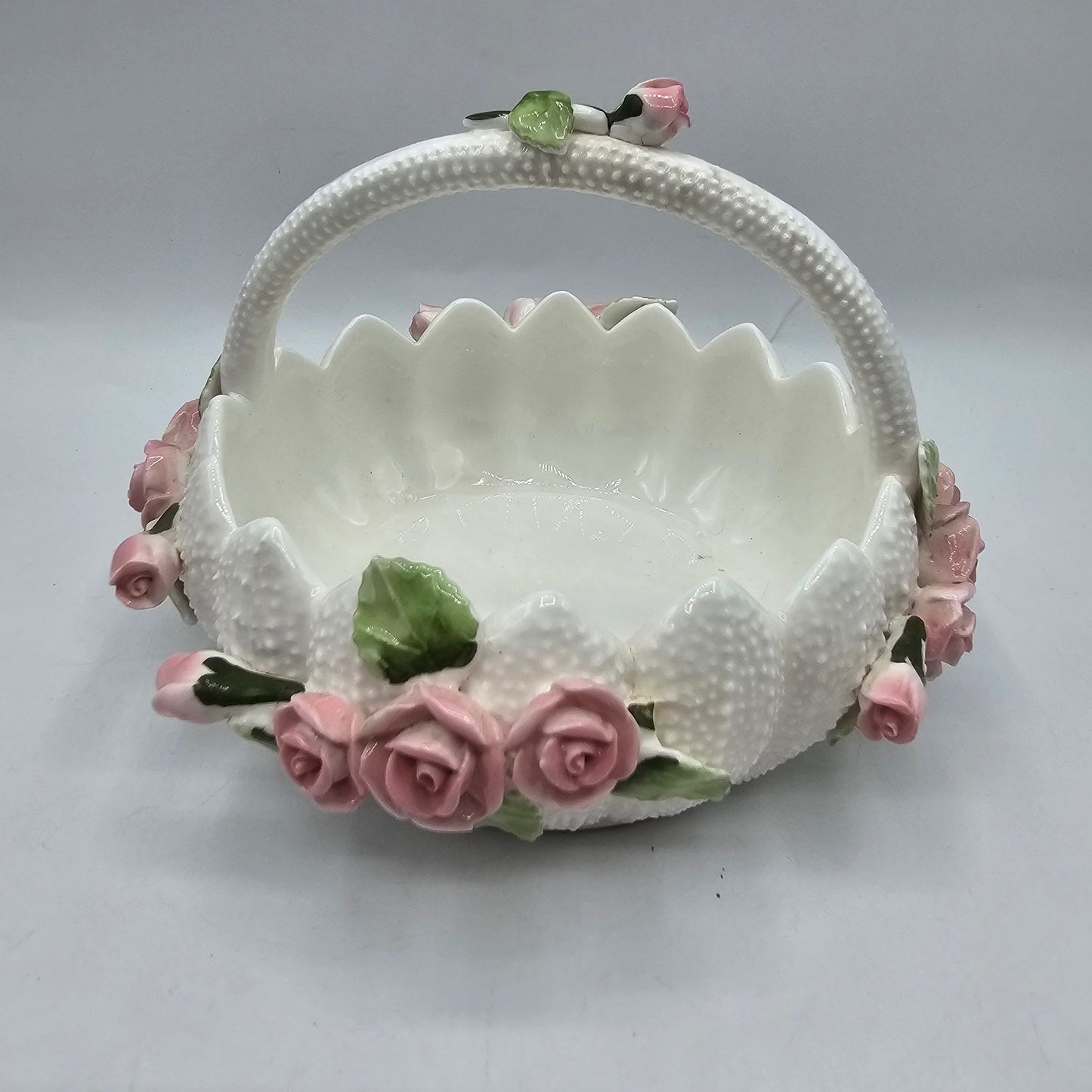 Seymour Mann Bone China Rose Basket with Applied Flowers and Leaves