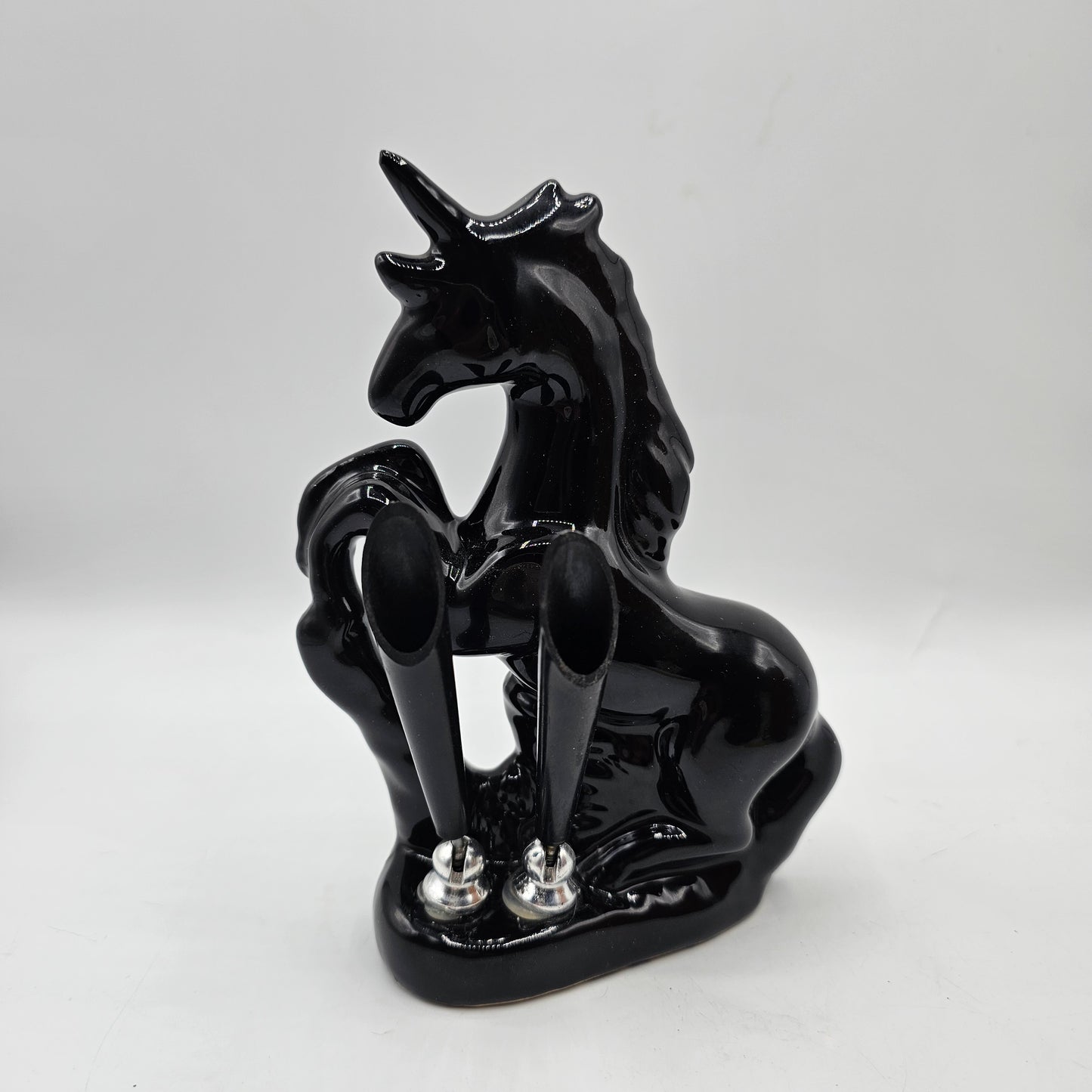 Vintage Glossy Black Ceramic Horse 2 Pen Holder / Desk Accessory