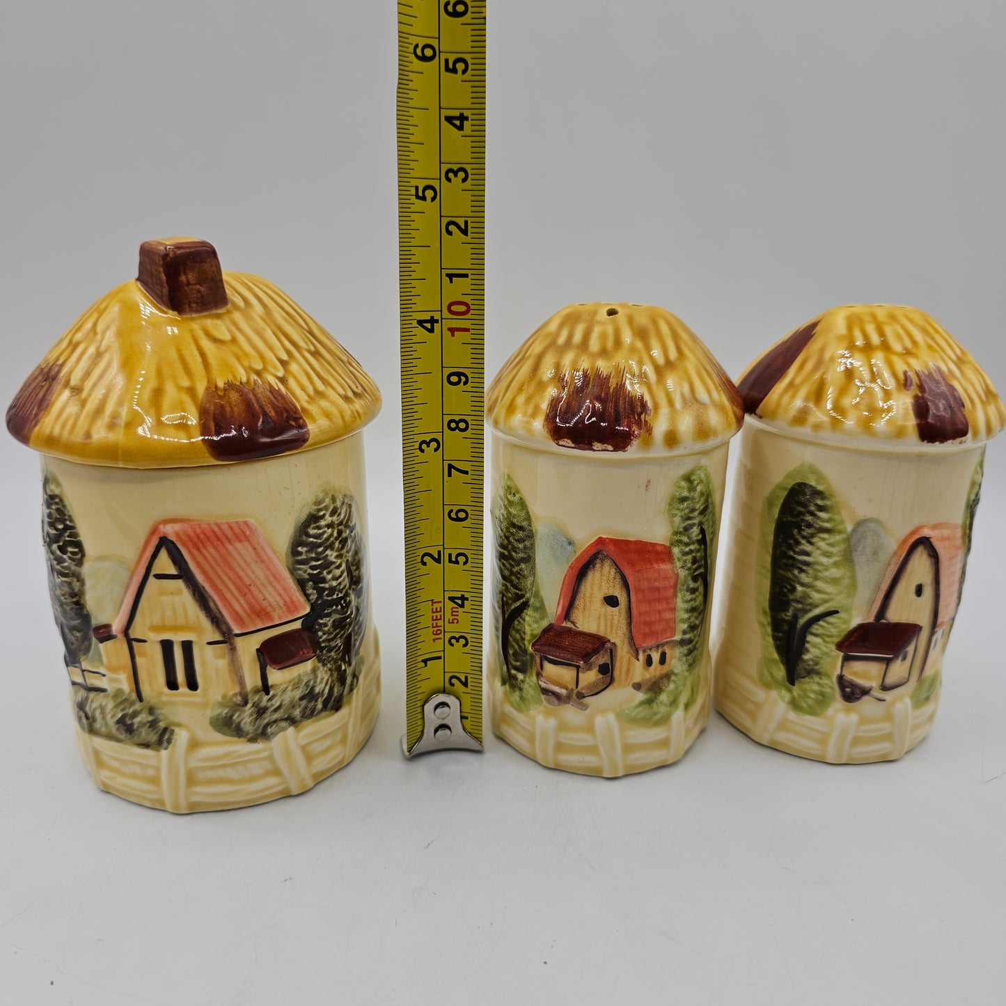 Marks Rosenfeld Farmhouse Salt and Pepper Shakers and Lidded Mustard Pot /Sugar