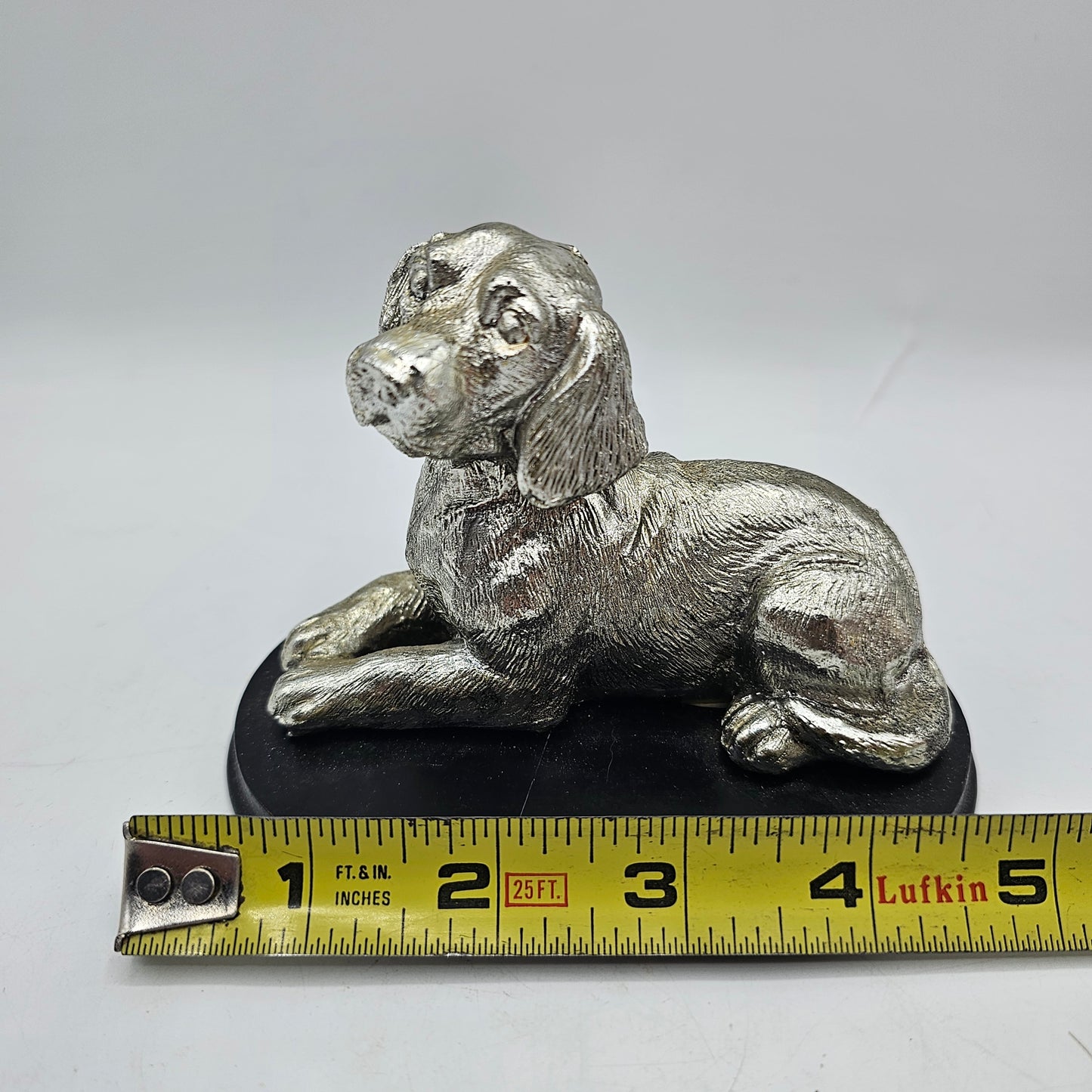 Silver Tone Lying Puppy Dog Sculptured Figurine on Base