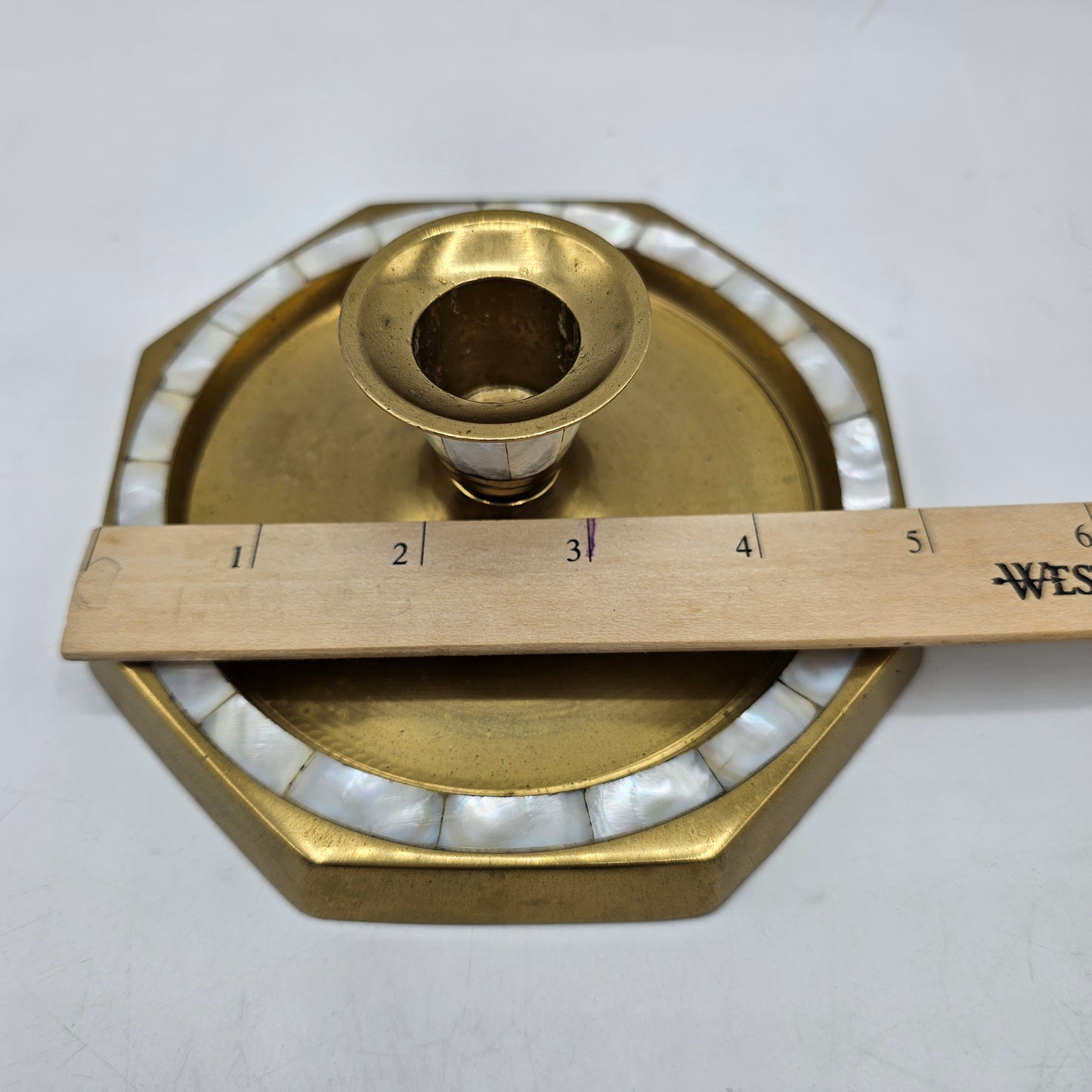 Vintage Solid Brass Taper Candle Holder with Inlaid Mother of Pearl and Octagonal Shaped Drip Tray