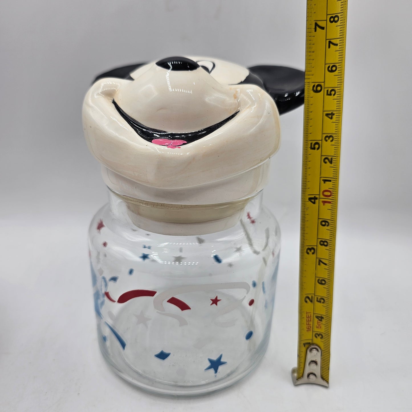 Vintage Disney Mickey Mouse Ceramic Lidded Glass Jar with Red White and Blue Stars and Streamers