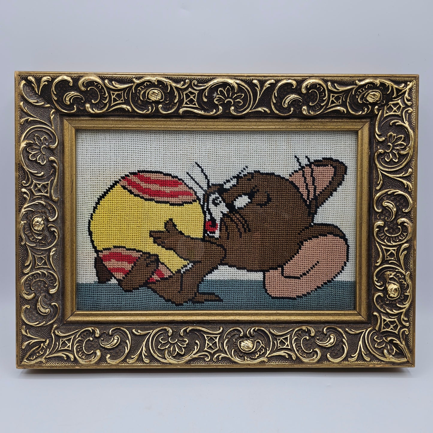 Vintage Framed Cartoon Jerry Mouse (Tom and Jerry) Needlepoint Stitchery