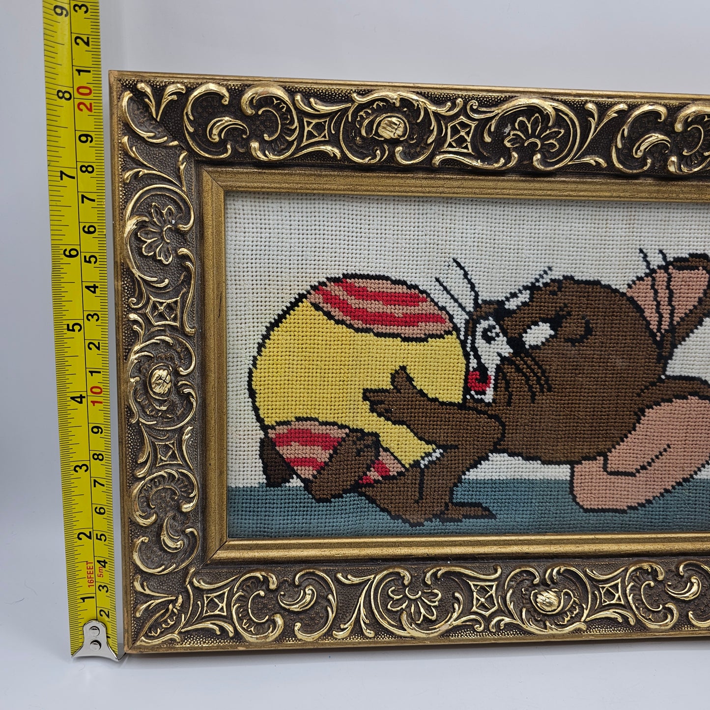 Vintage Framed Cartoon Jerry Mouse (Tom and Jerry) Needlepoint Stitchery
