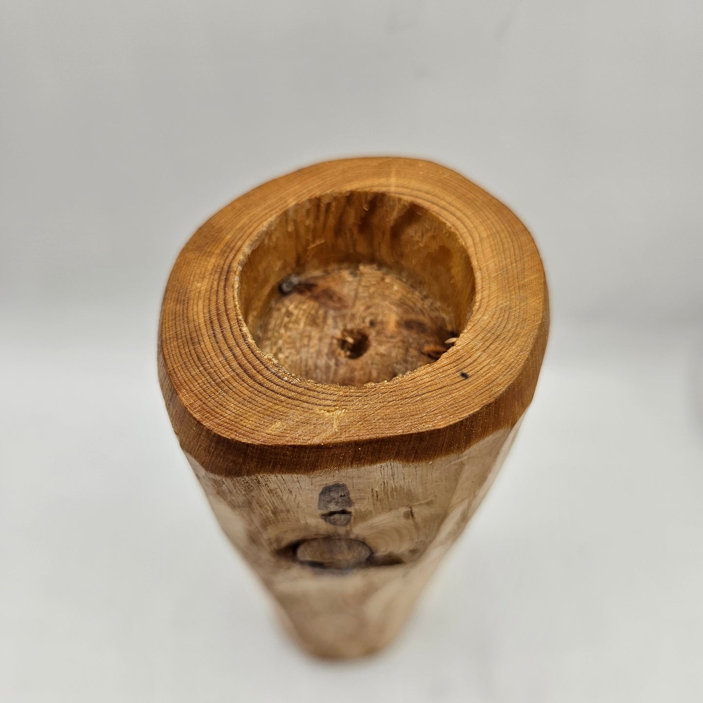 Rustic Hand Carved Pine Wood Tea Light Candlestick 8.5" Tall