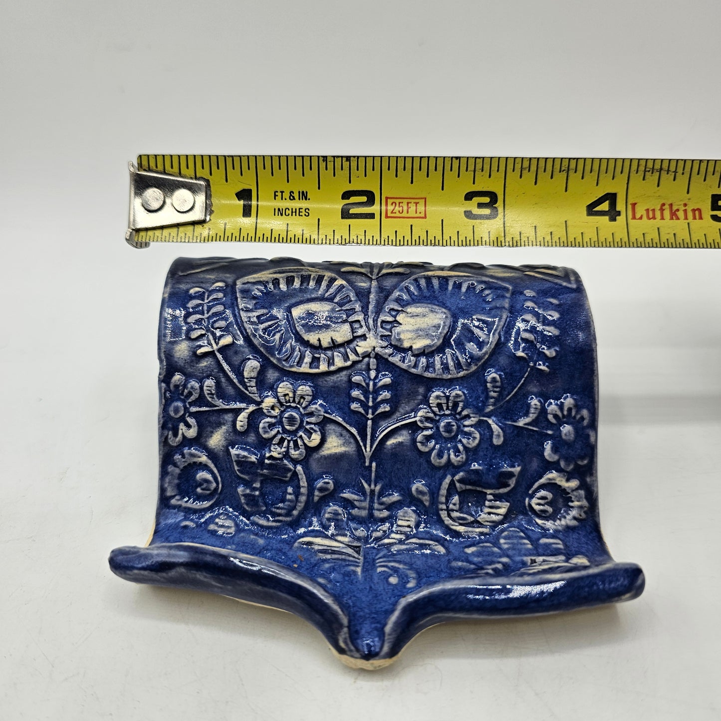 Self Draining Art Pottery Blue Patterned Sponge Holder or Soap Dish - Artisan Signed