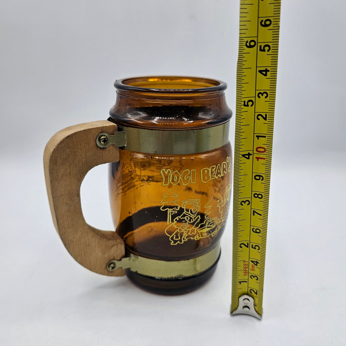 Yogi Bear Jellystone Park Amber Glass Mug - Siesta Ware Style Mug with Brass Bands and Wooden Handle