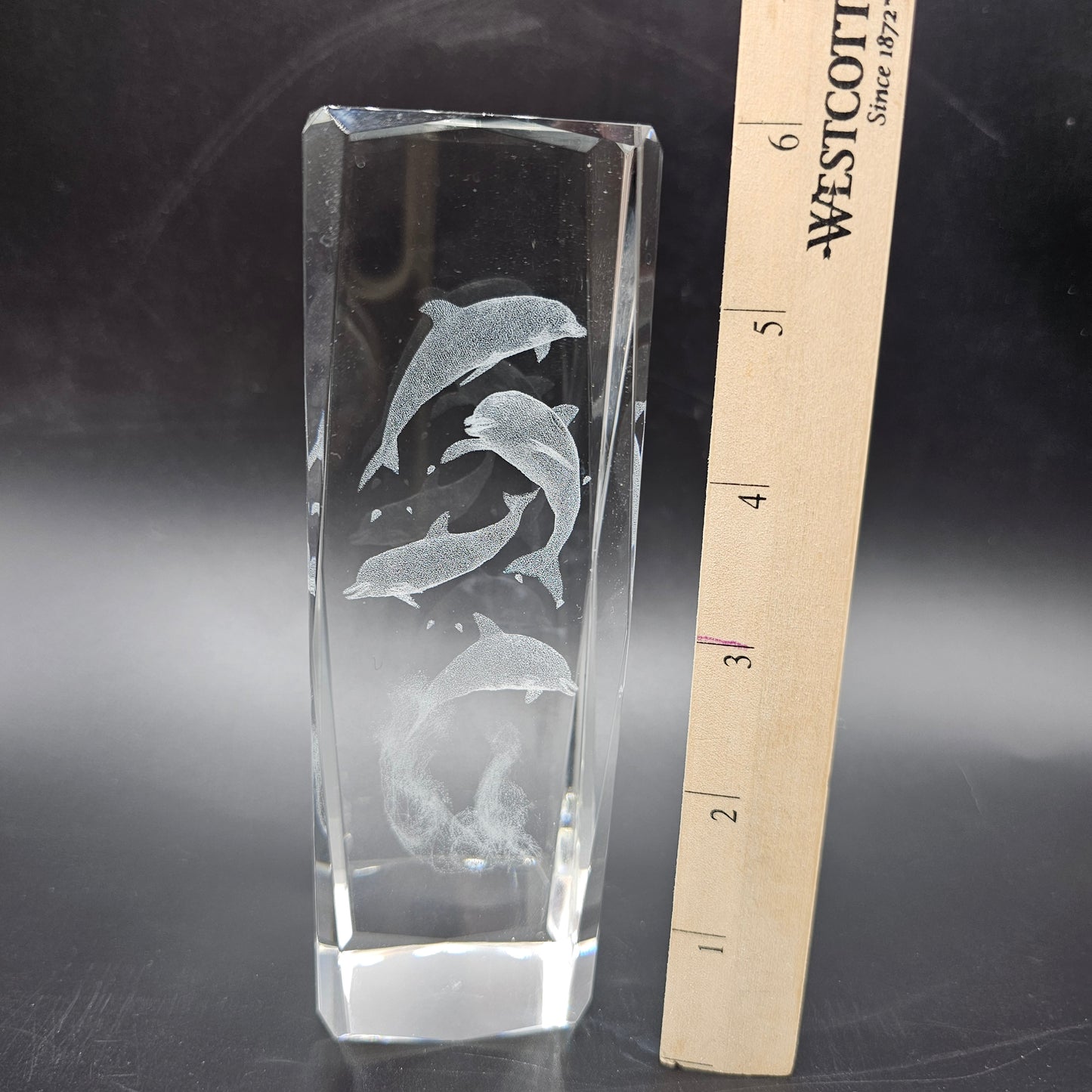 3D Laser Etched Crystal Leaping Dolphins Cube Paperweight