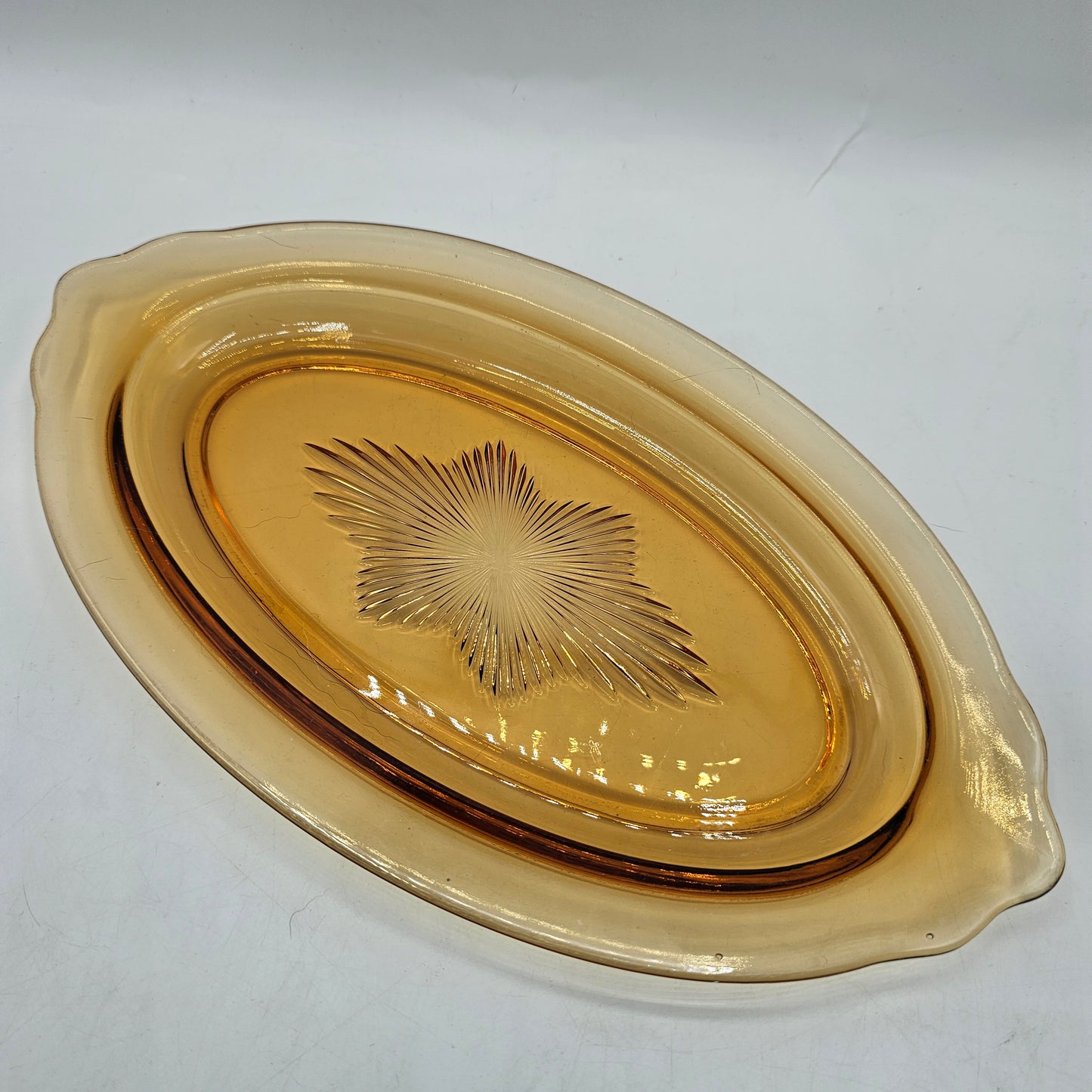 Heisey Touraine Oval Amber Glass Serving Tray with Starburst Design