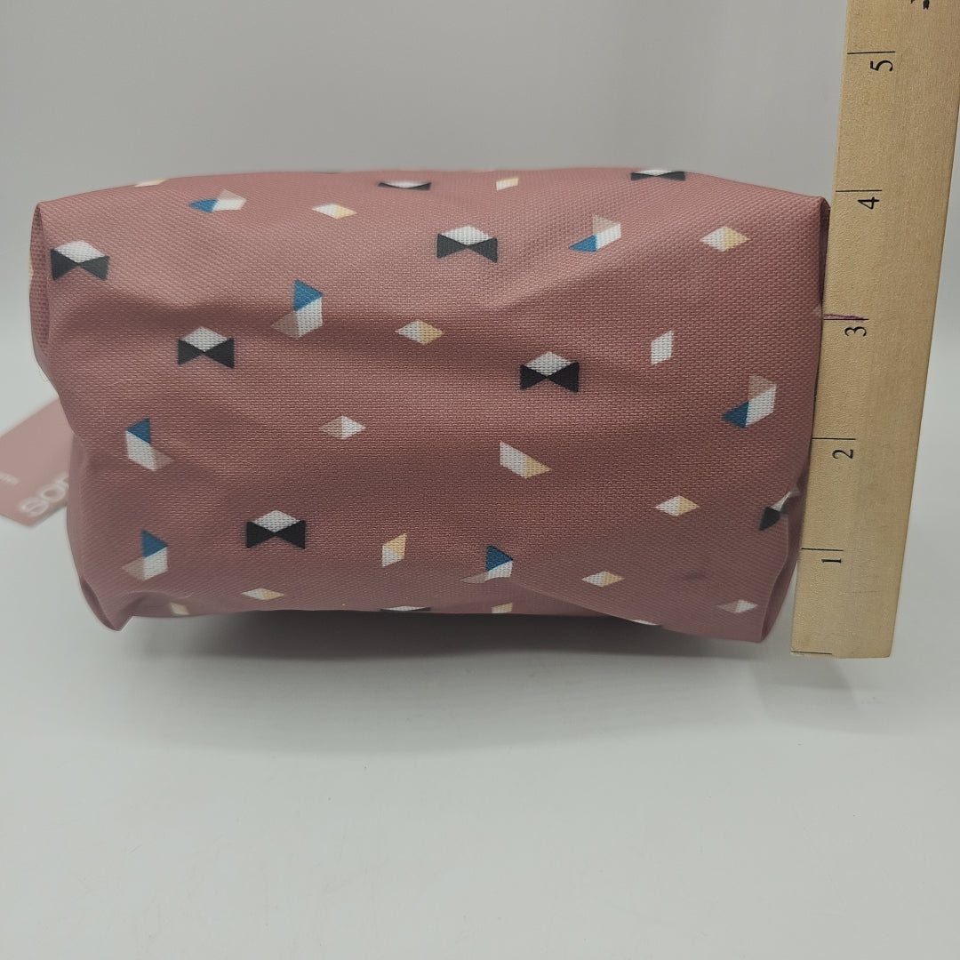 Sonia Kashuk Dusty Pink Boat Clutch - Zip Up Cosmetic Bag with Geometric Triangles Pattern