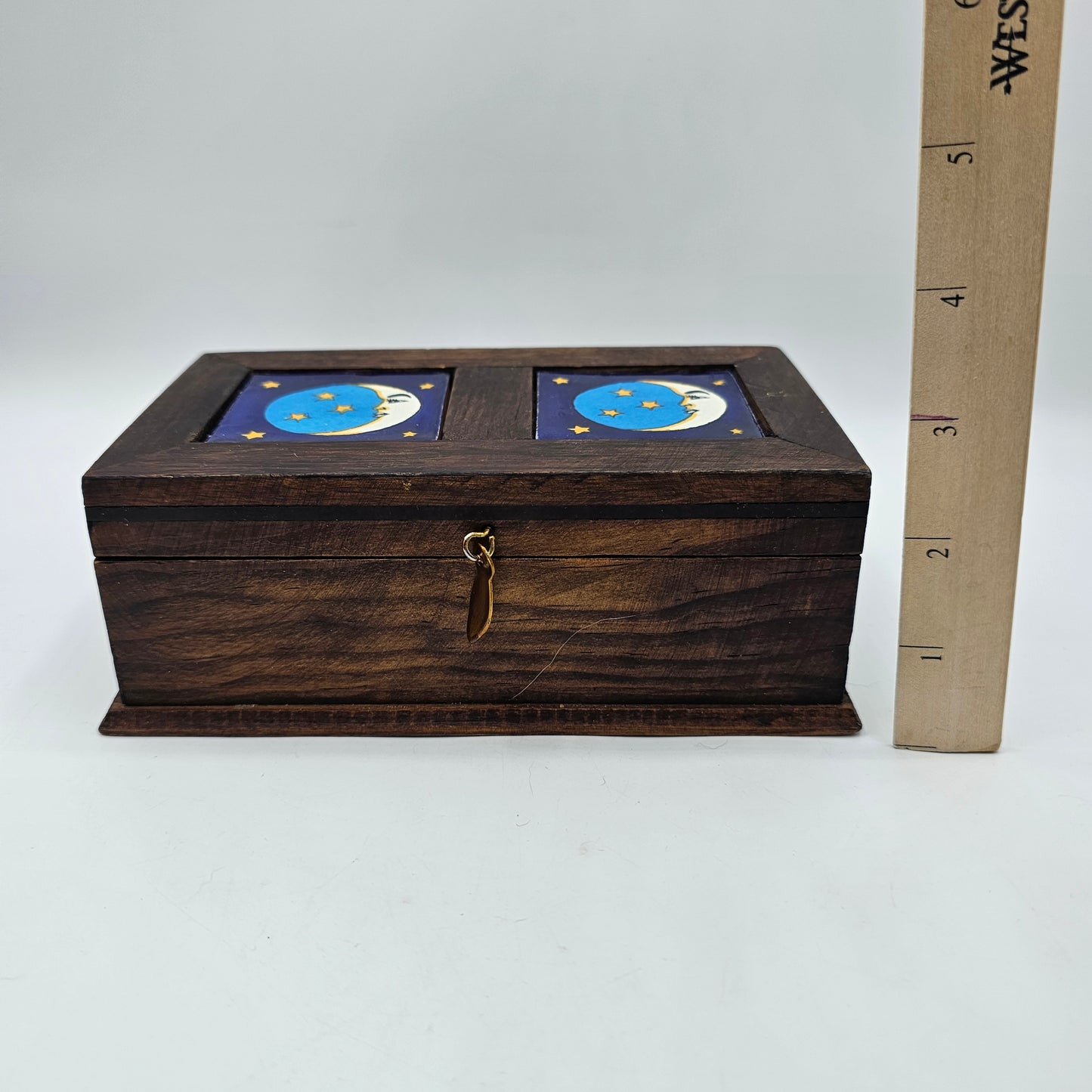 Hinged Wooden Stash Box with Moon and Stars Tiles