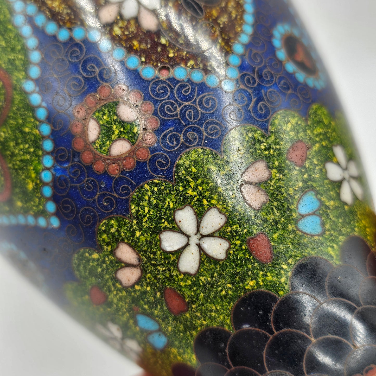 Vintage Champleve (Cloisonne) Enamelled Japanese / Asian Bud Vase with Flowers and Butterflies