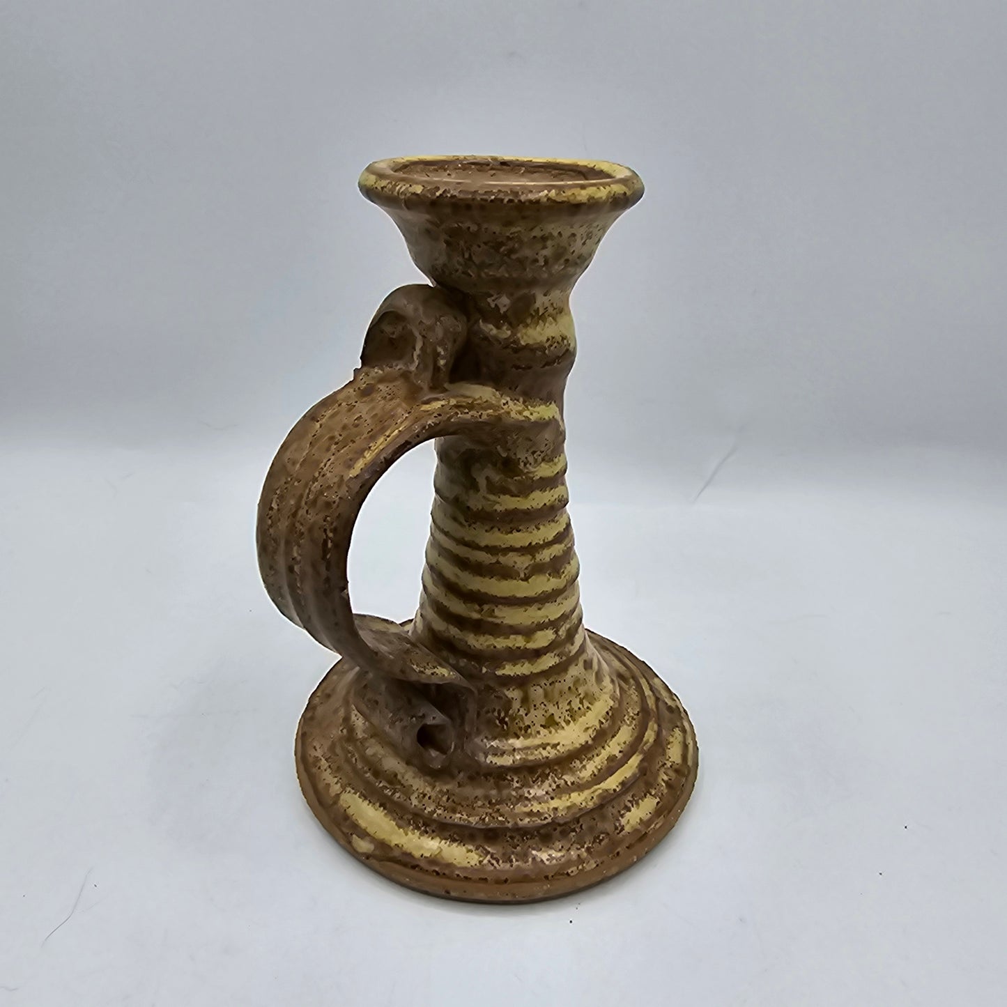 Signed Artisan Pottery Chamberstick Candlestick Candle Holder - 6" tall
