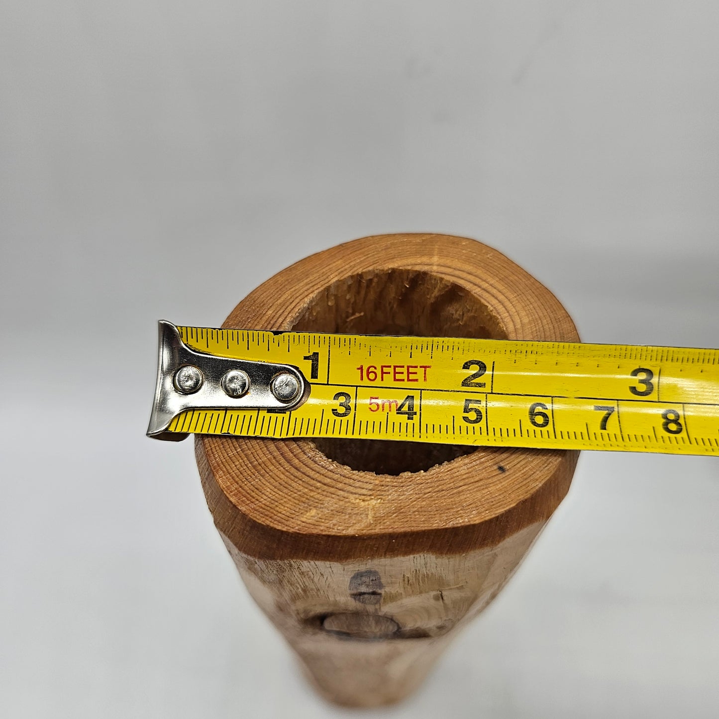 Rustic Hand Carved Pine Wood Tea Light Candlestick 8.5" Tall