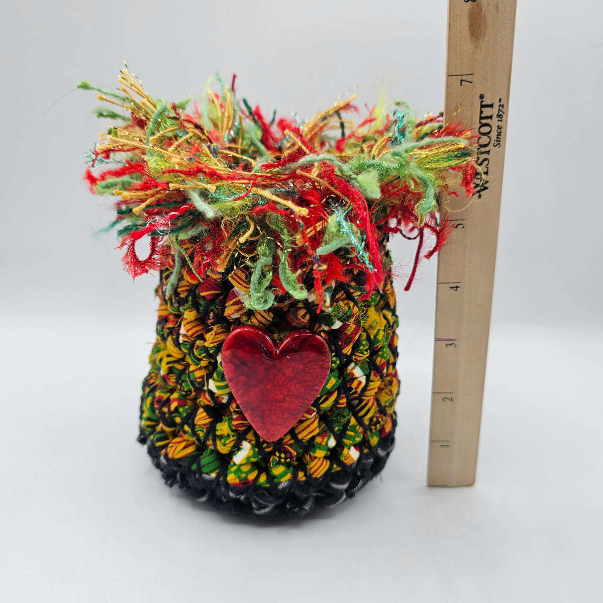 Artisan Woven Material Basket with Red Ceramic Heart and Fringe