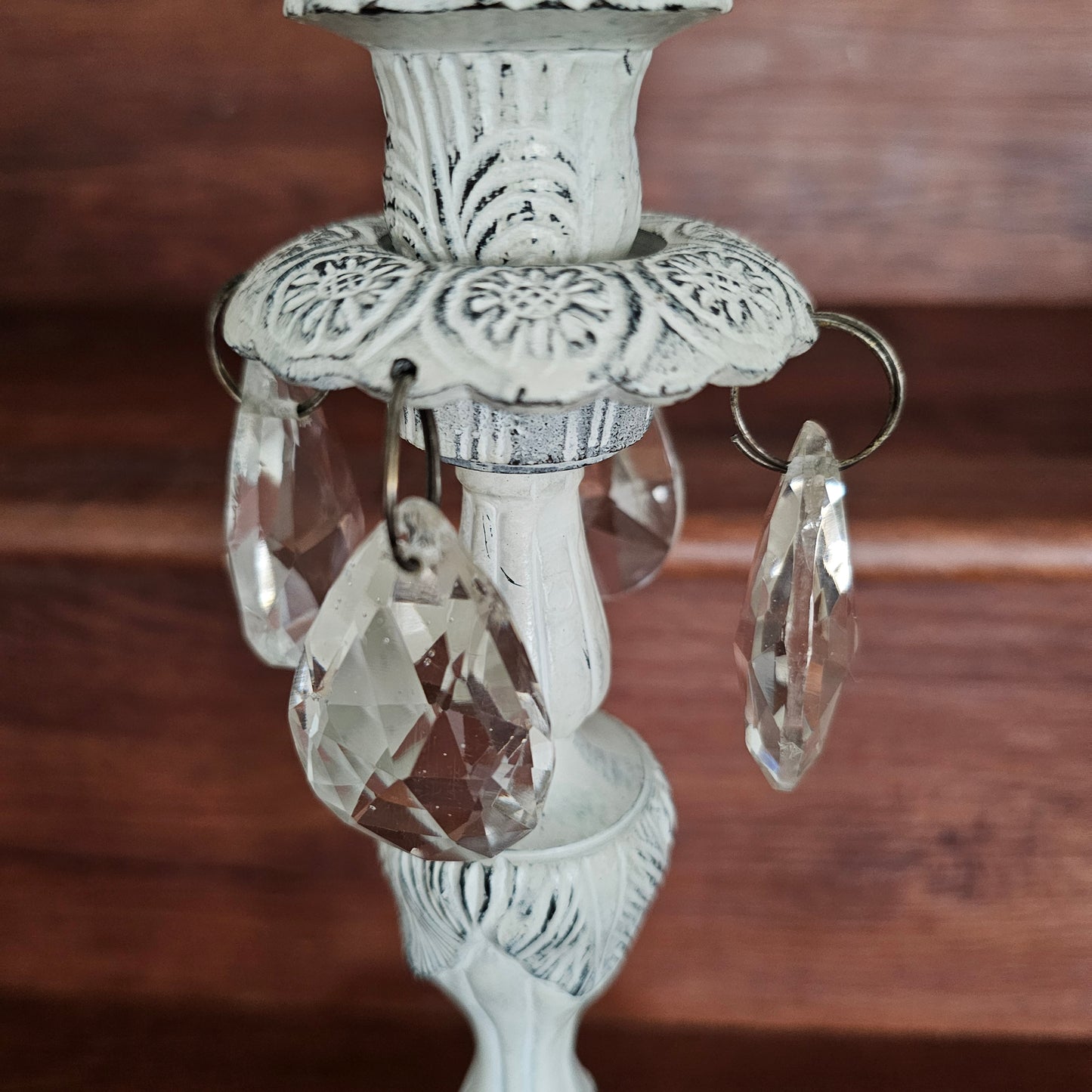Vintage White Metal Candlestick with Glass Prisms and Etched Glass Peg Shade