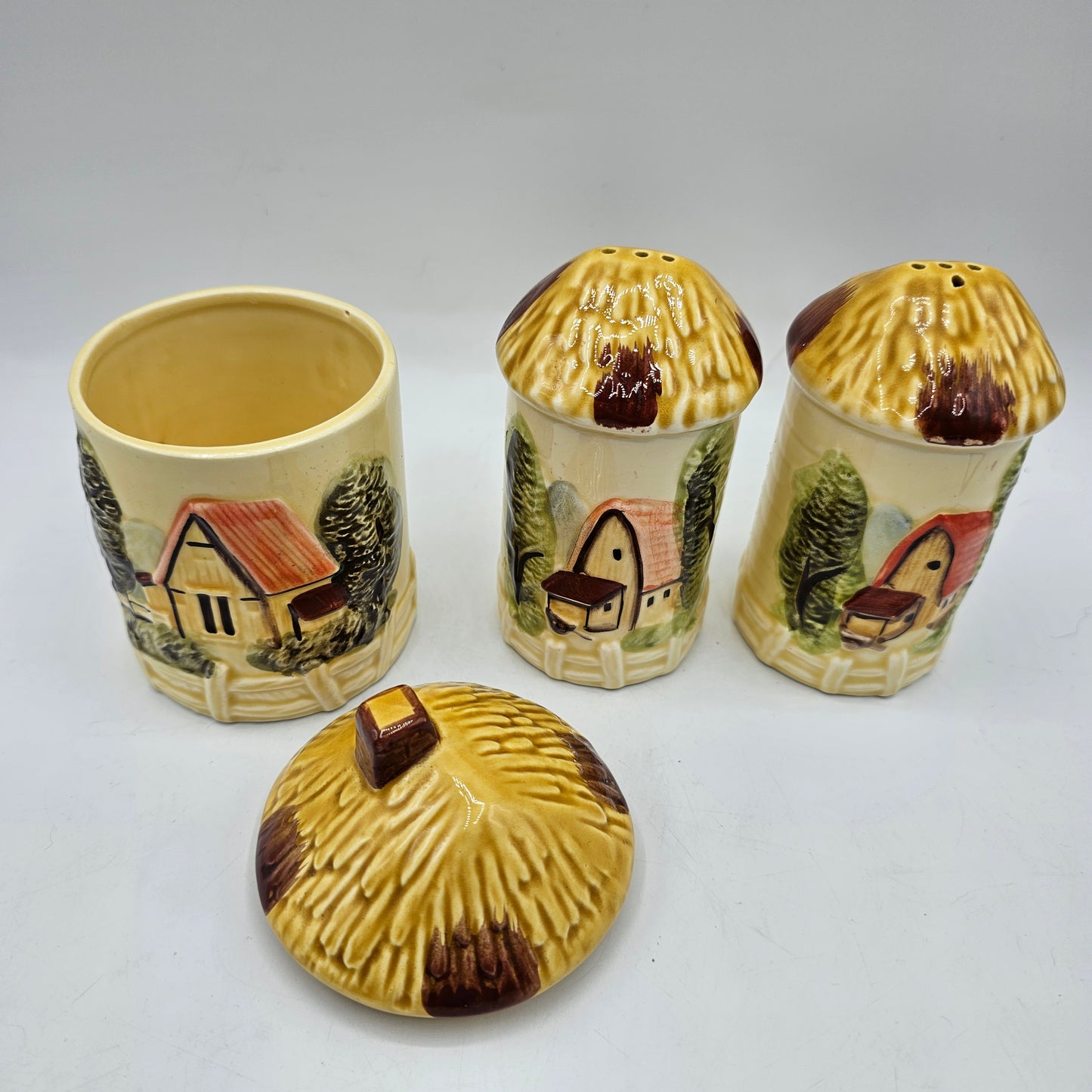 Marks Rosenfeld Farmhouse Salt and Pepper Shakers and Lidded Mustard Pot /Sugar