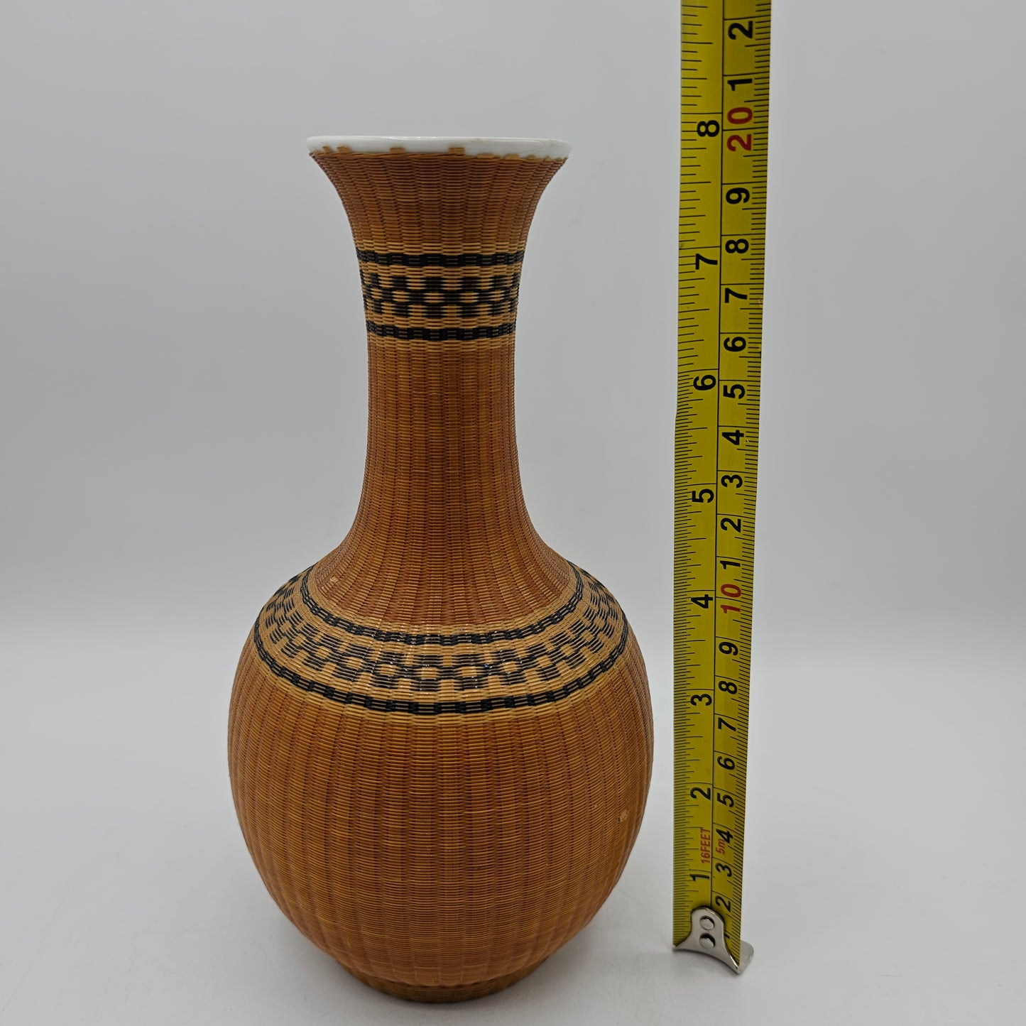 Vintage Chinese Fine Woven Bamboo Wrapped Porcelain Vase