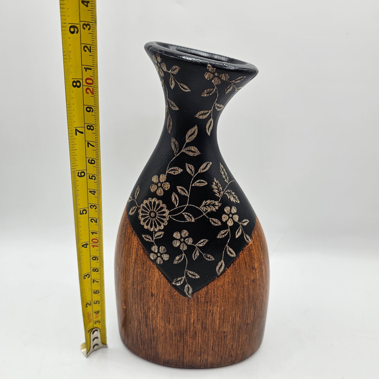 Ceramic "Wood Grain" Vase with Etched Flowers
