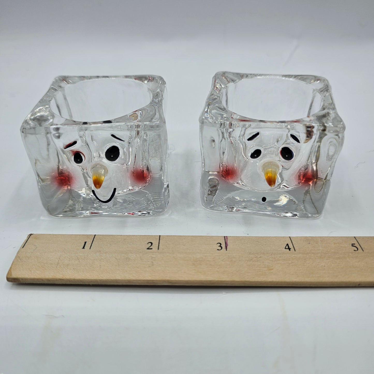 Glass Snowman Votive or Tealight Candle Holders - Set of 2