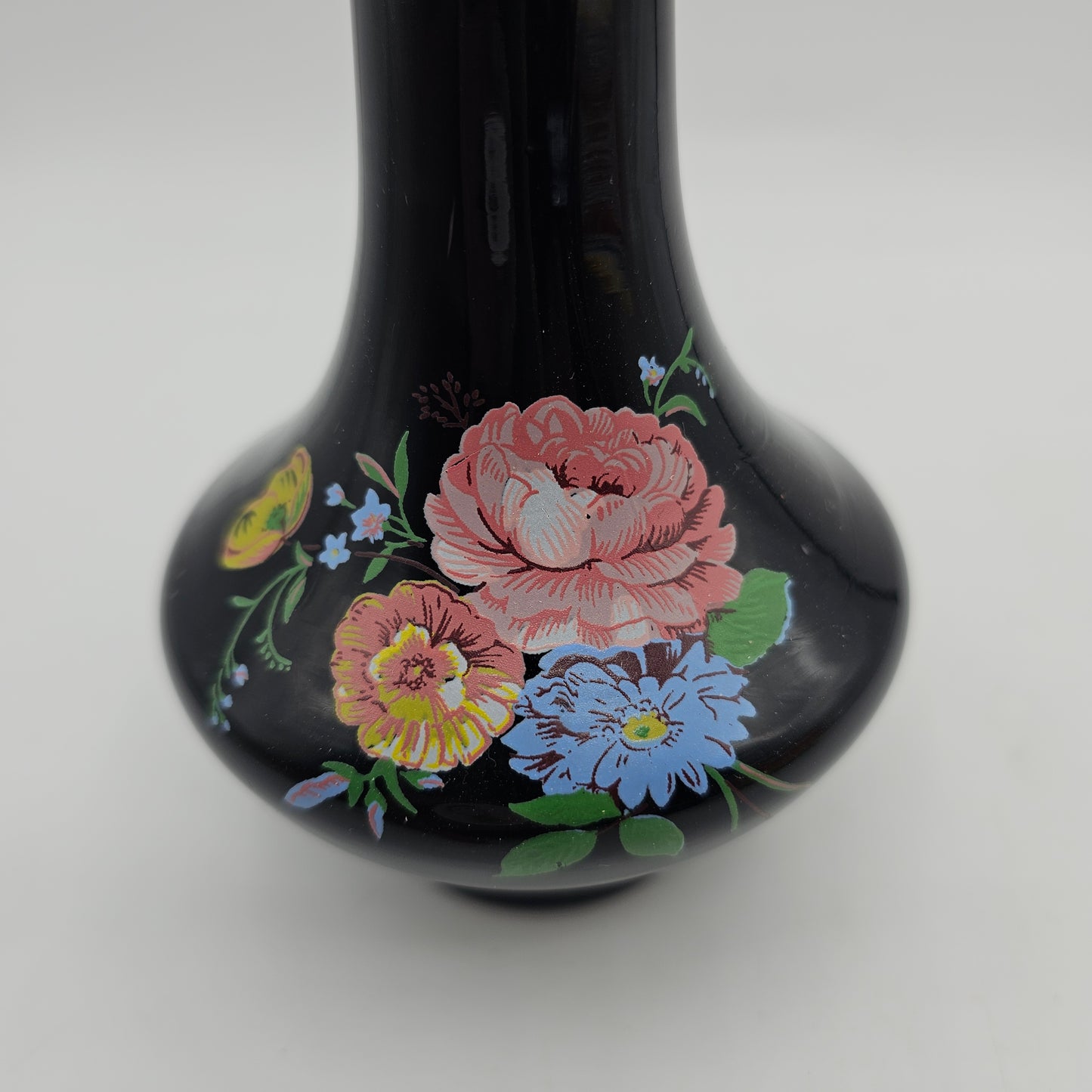 Vintage Ruffle Top Black Glass Bud Vase with Transferware Flower Design - 8" tall