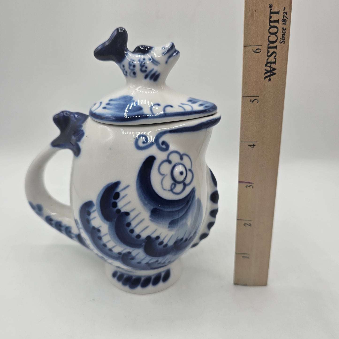 Vintage Russian Gzhel Blue and White Porcelain Lidded Creamer with Figural Fish