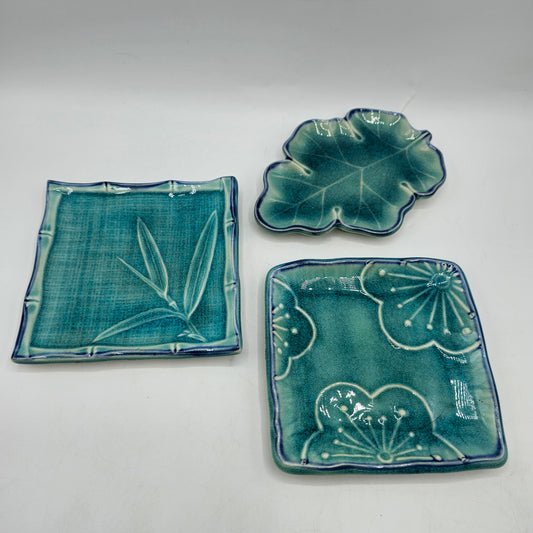 Kotobuki Celadon Green Blue Crackle Glaze Dishes - Set of 3