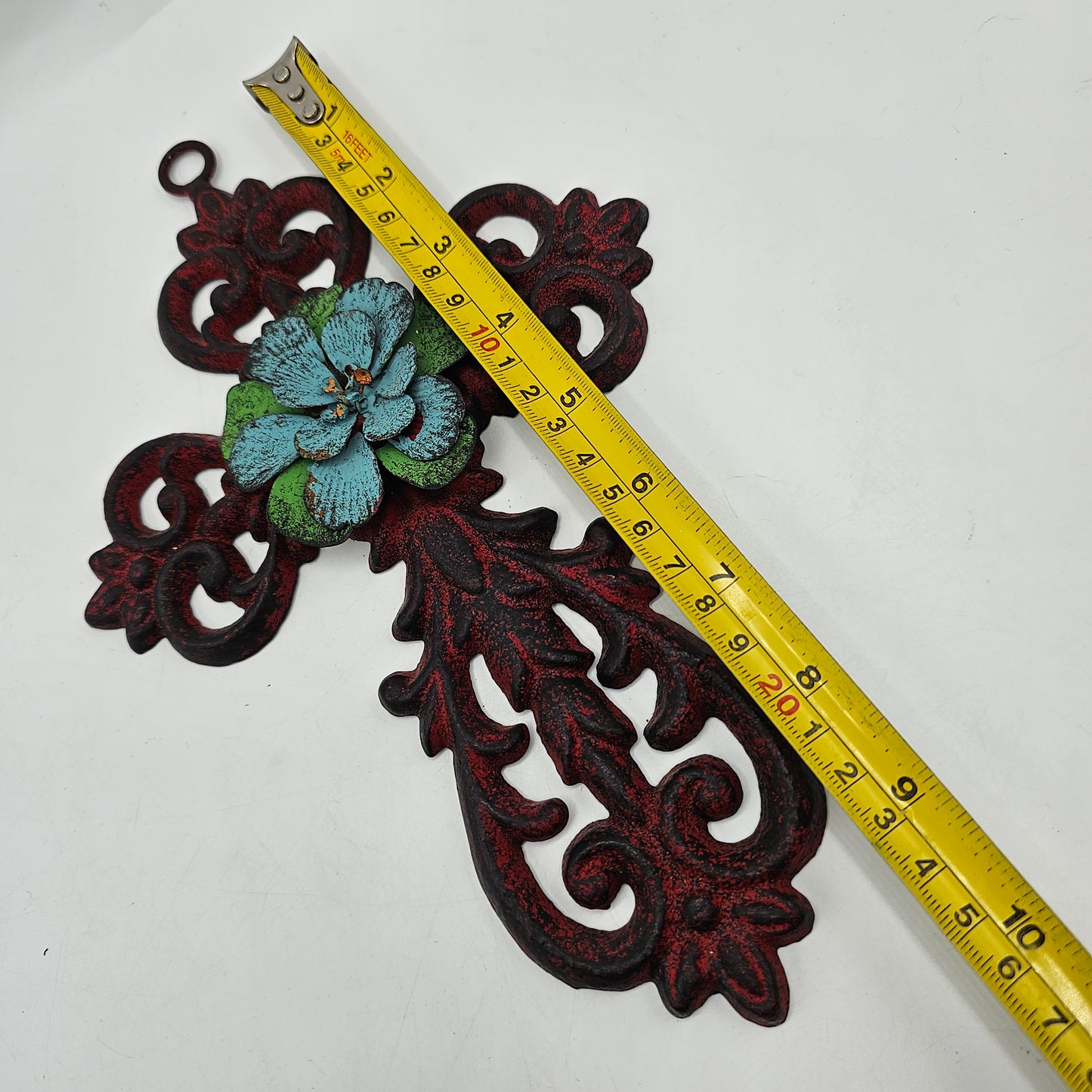 Hand Painted Metal Wall Cross with Center Flower