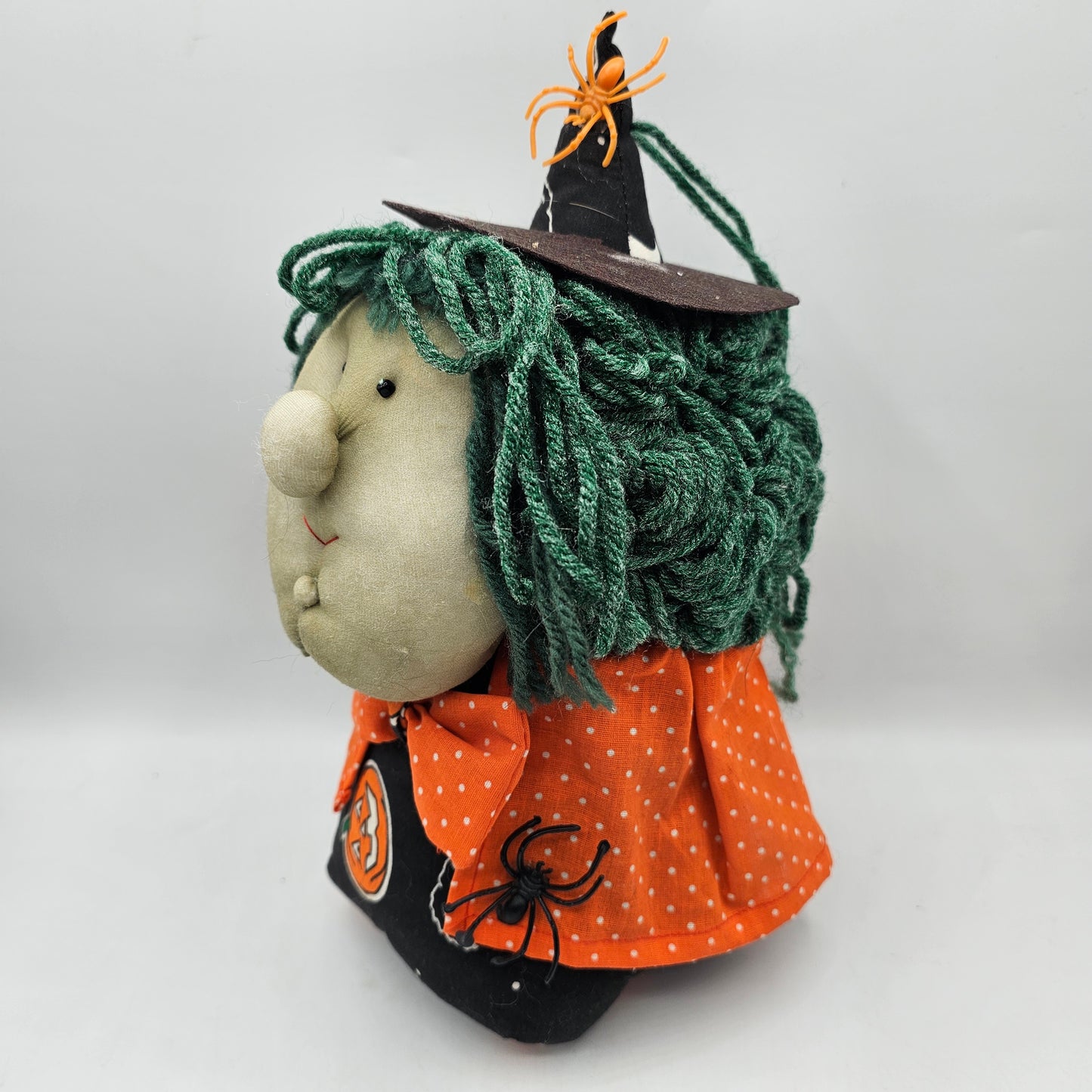 Handmade Plush Witch with Orange Cape and Green String Hair