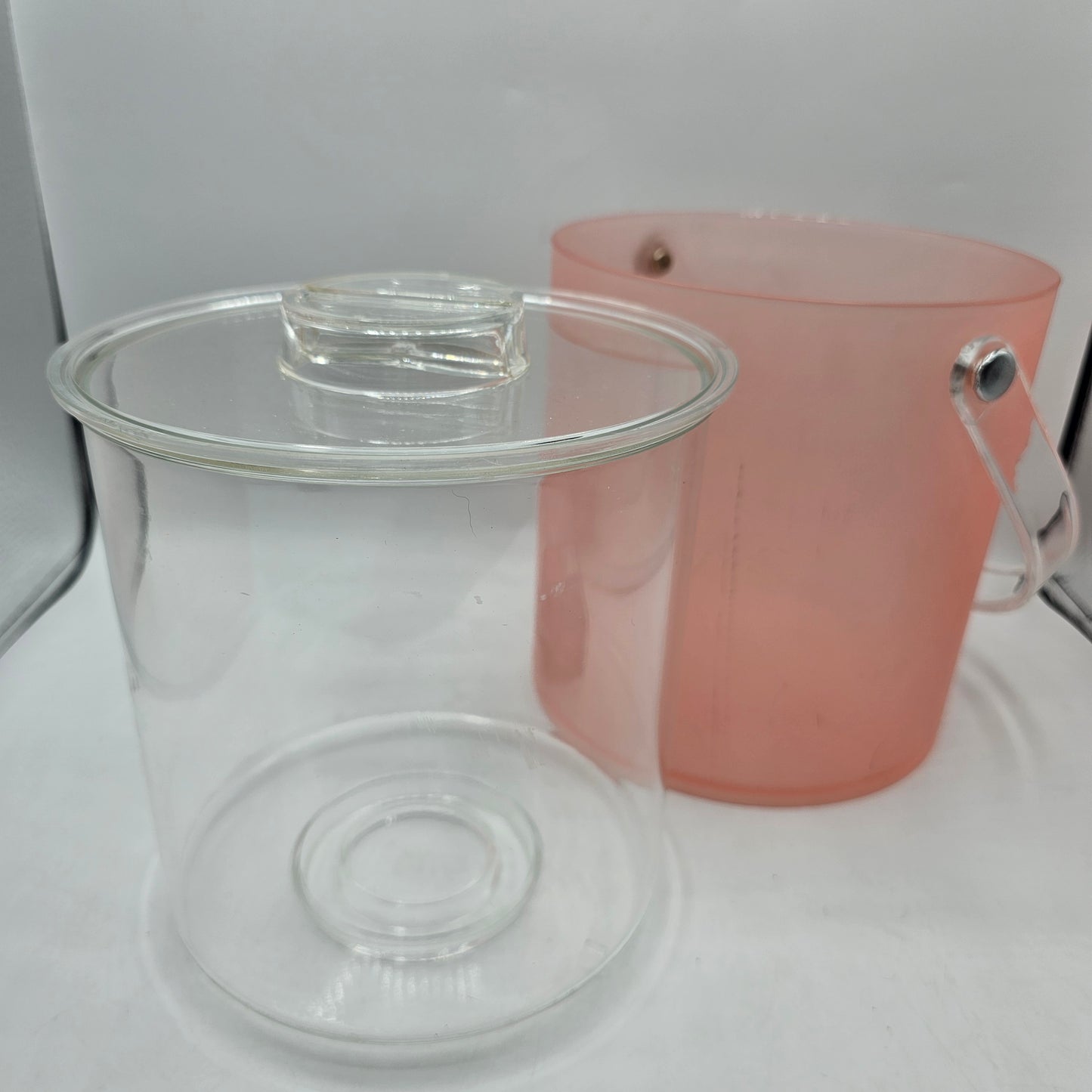 Vintage Pink Lucite Ice Bucket with Clear Liner and Handle